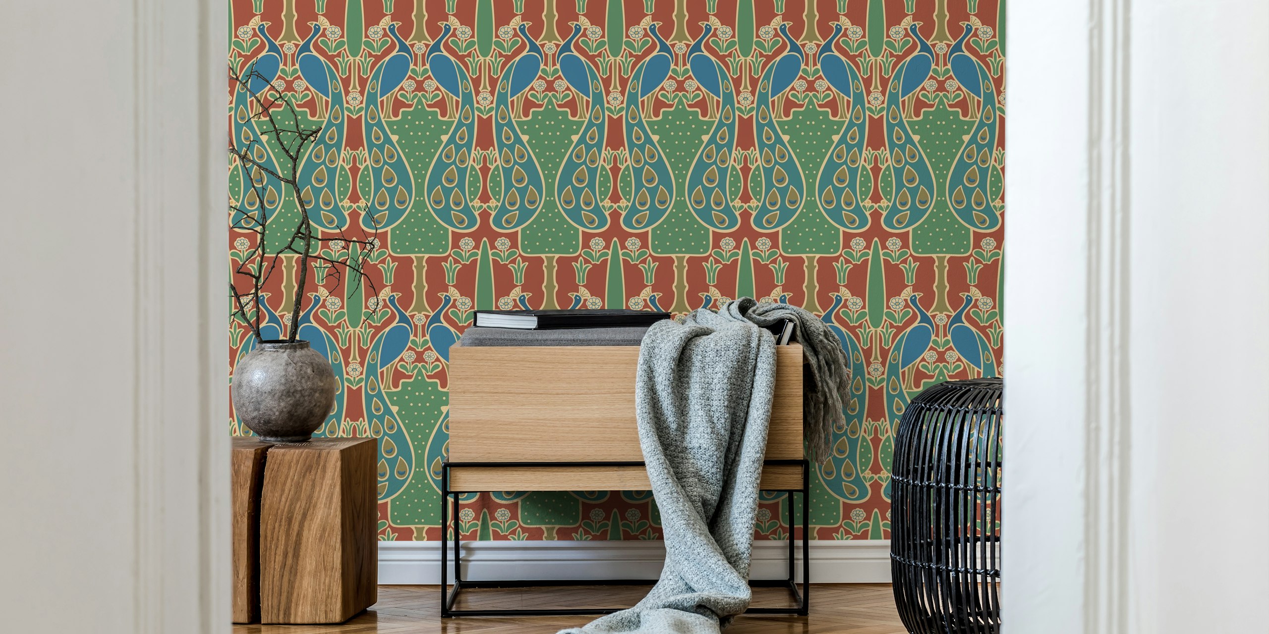 Peacock and floral pattern in blue and green vintage wallpaper