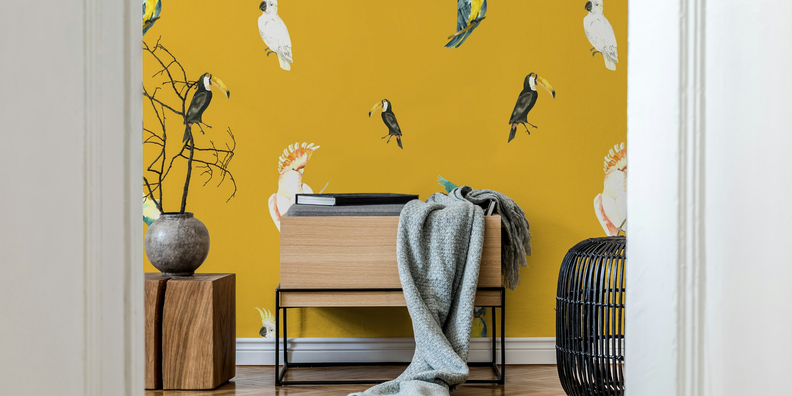 Vibrant bird paradise wallpaper in a room