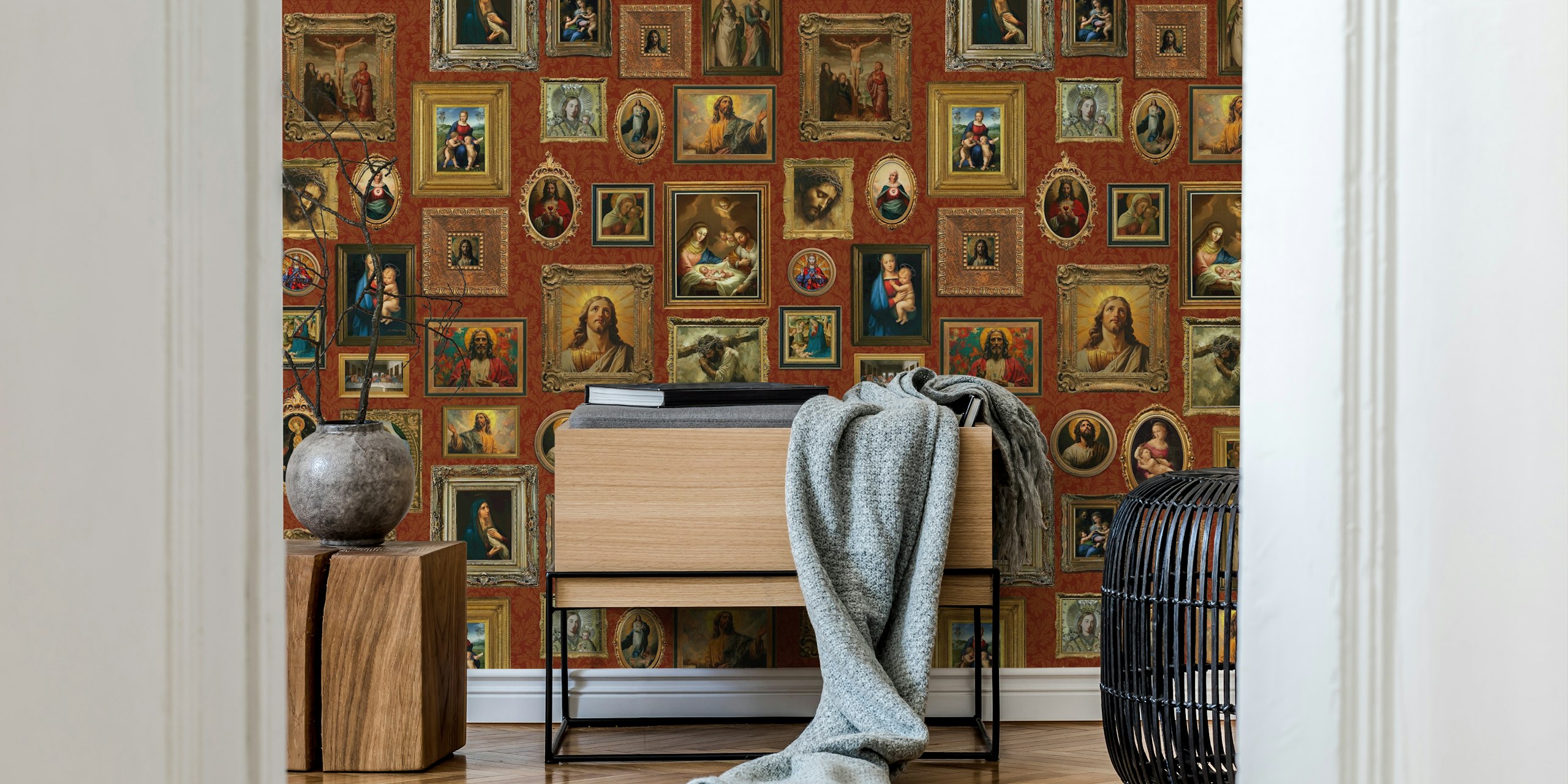 Classic religious art framed portraits in various shapes and sizes on a red background wallpaper.