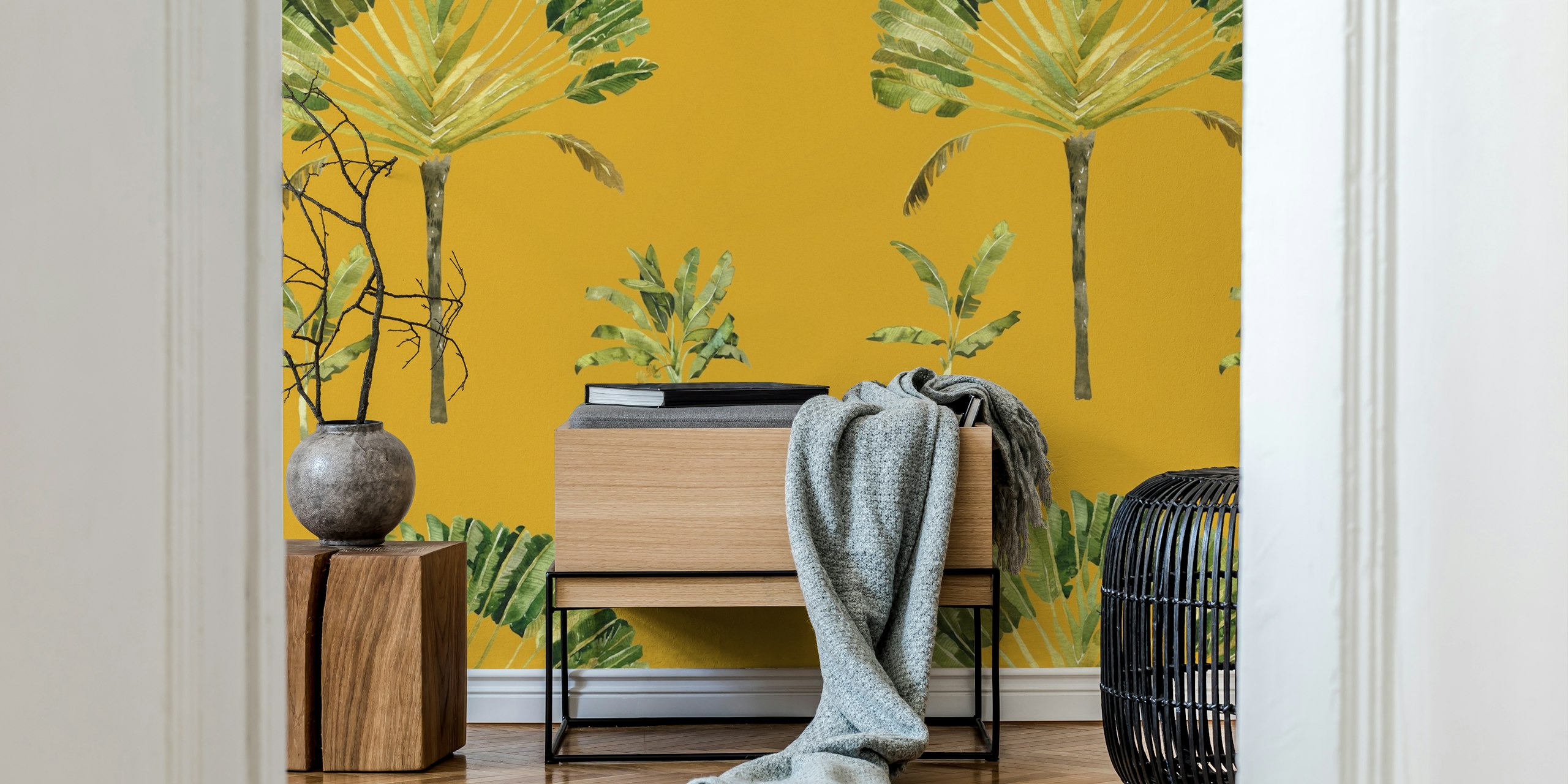 Tropical Banana Palm Trees watercolor wallpaper in a room