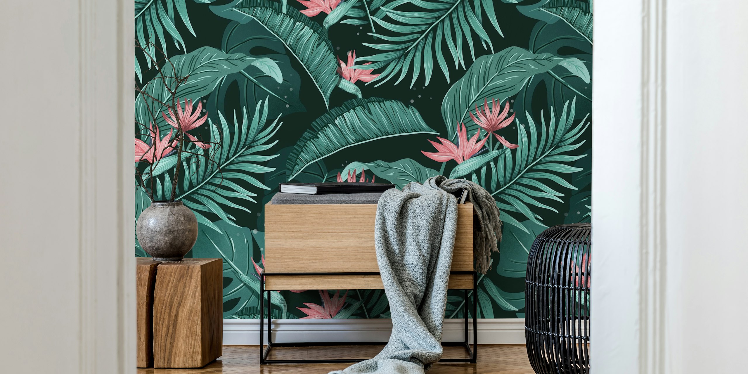 Tropical green leaves and pink flowers wallpaper