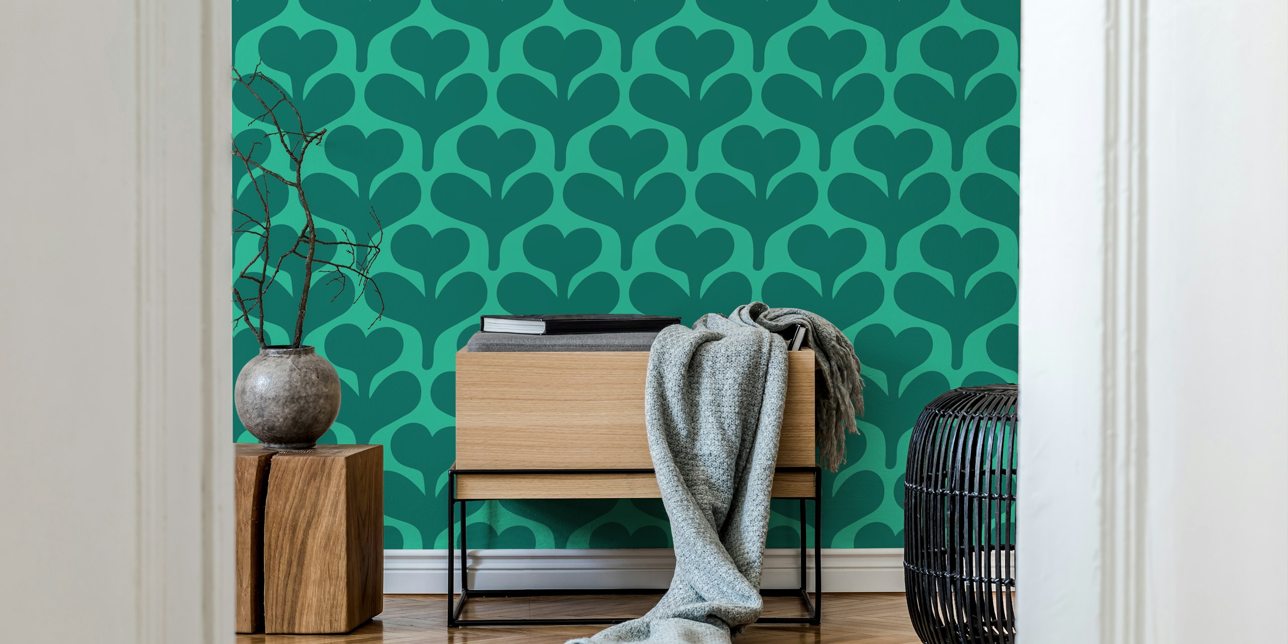 Green heart-shaped flower pattern on teal background wallpaper