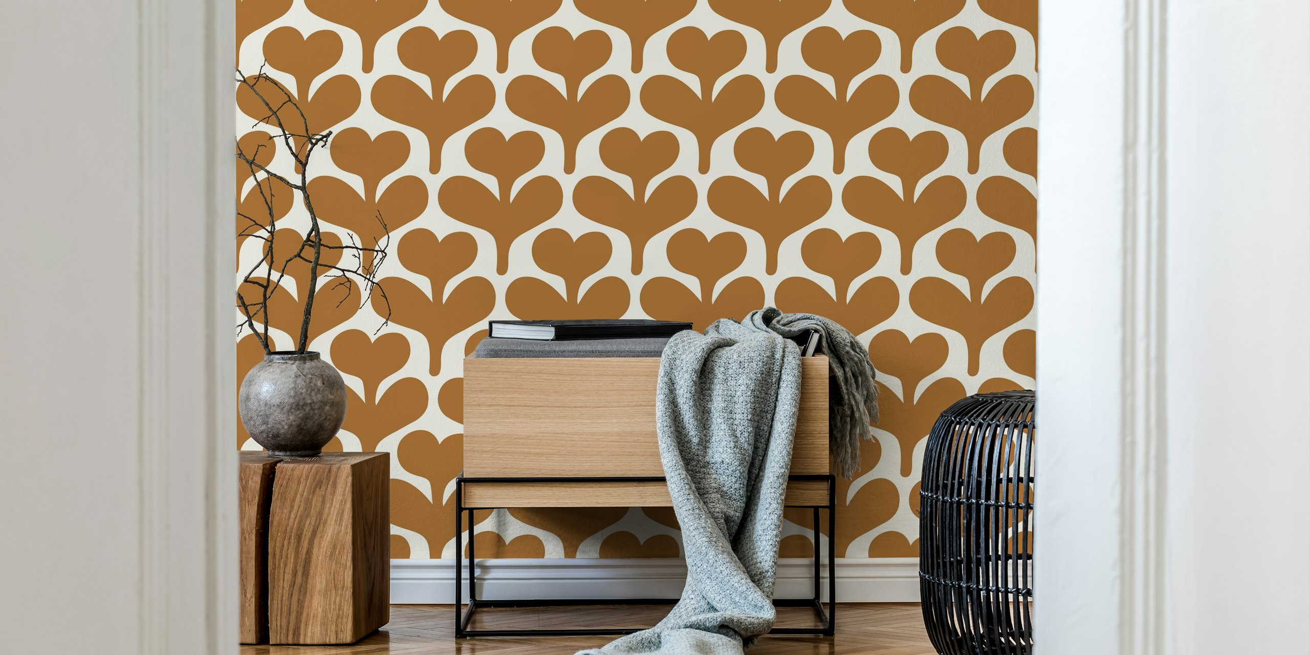 Retro Heartleaf Flowers Brown tapet i et rom