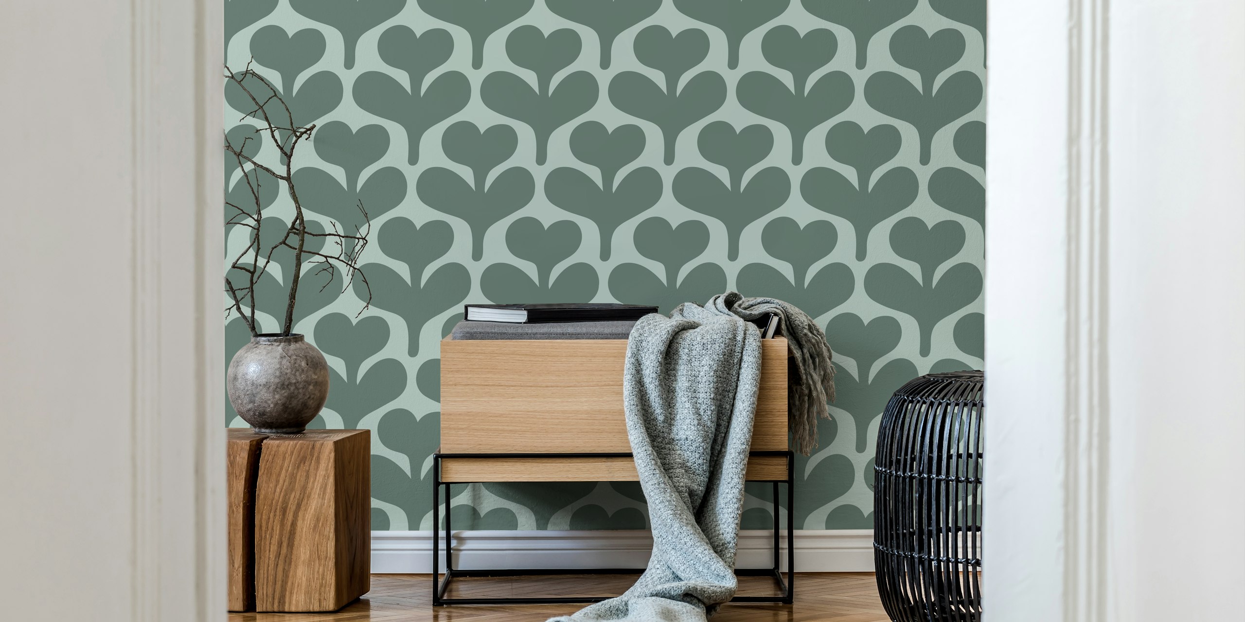 Modern Retro Sage Green Heart Shaped Flowers ταπισερί