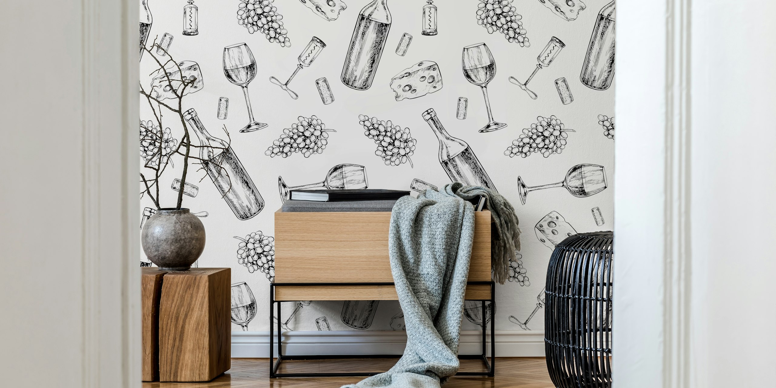 Wine and cheese sketches on white background wallpaper