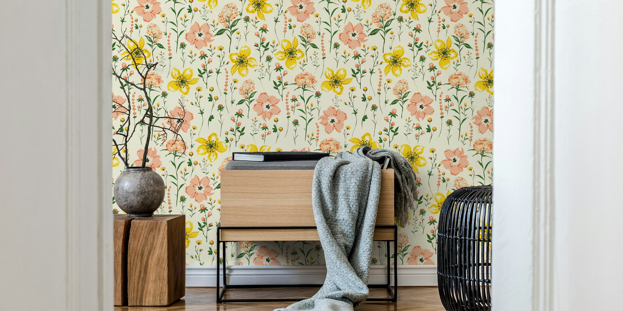 Yellow and pink wildflowers on cream background floral wallpaper