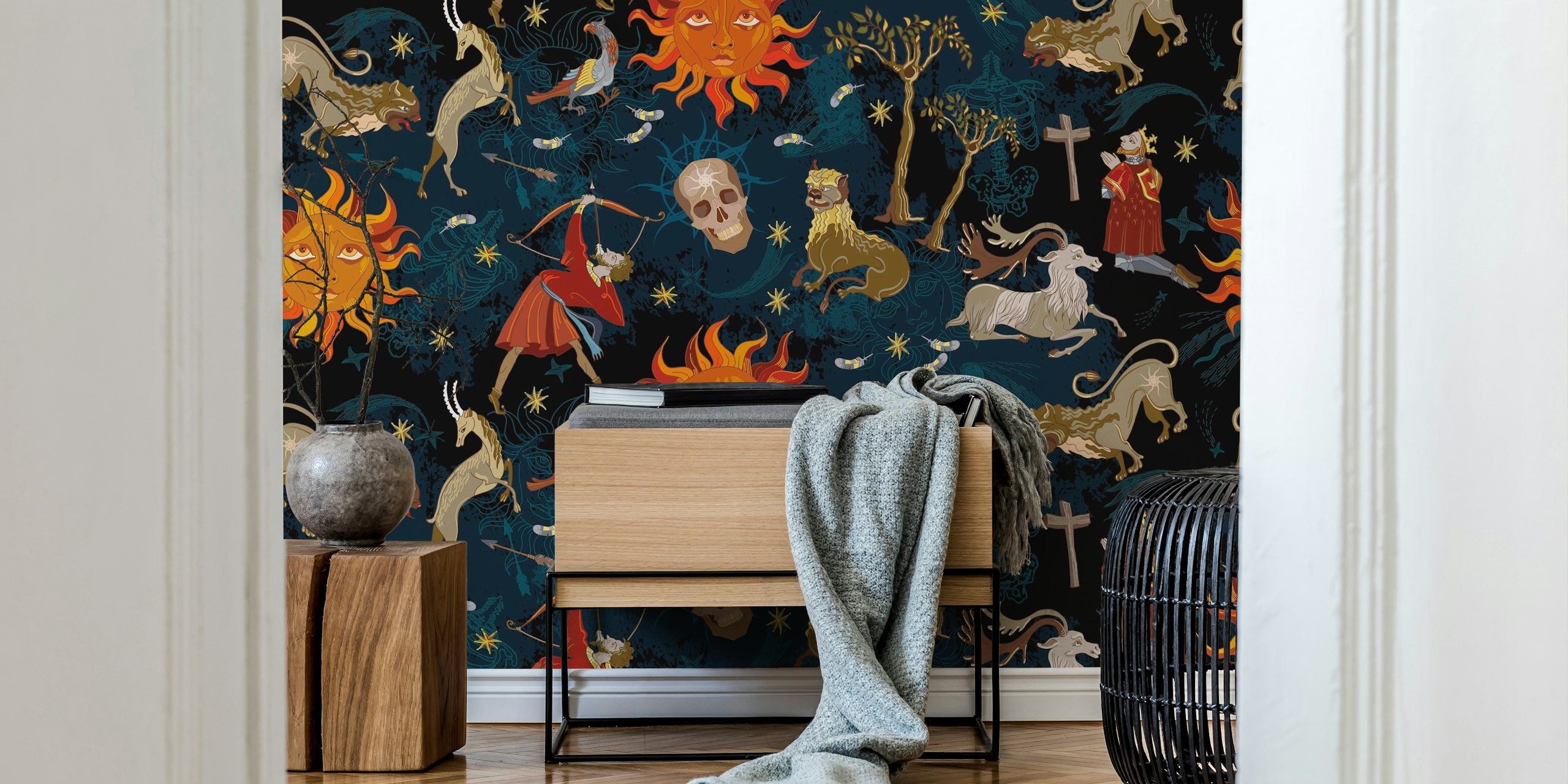 Medieval Astrological behang weergegeven in een kamer