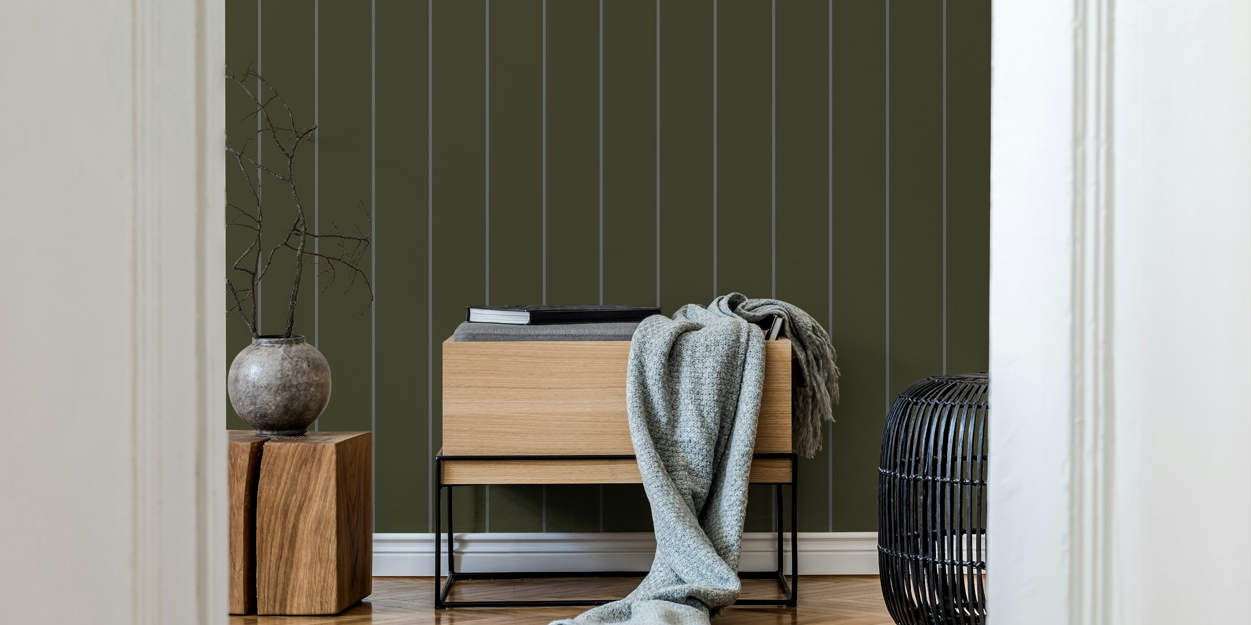 Thin nautical stripes on dark green patterned wallpaper