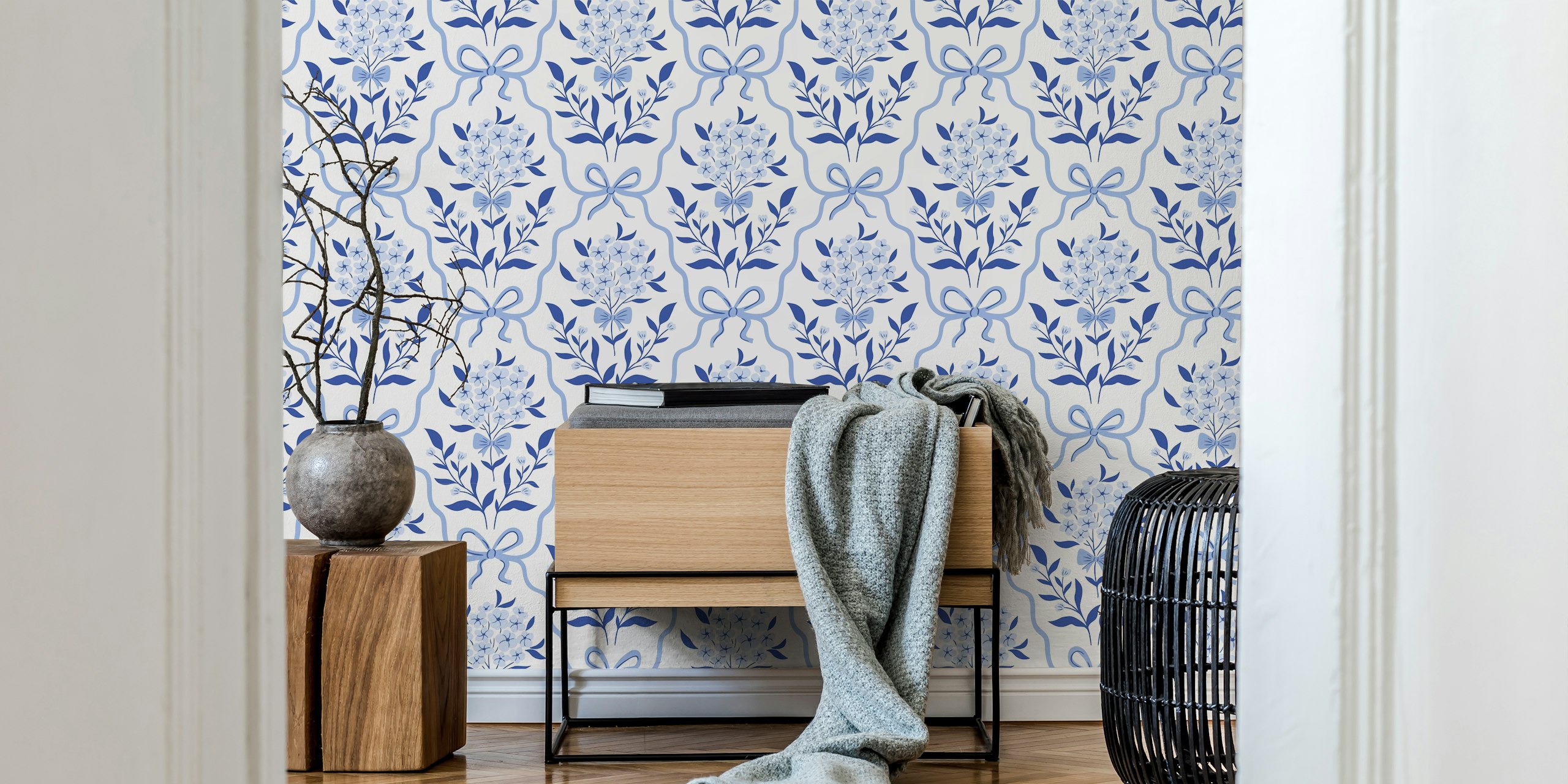 Blue Bow and Blossom wallpaper in a room