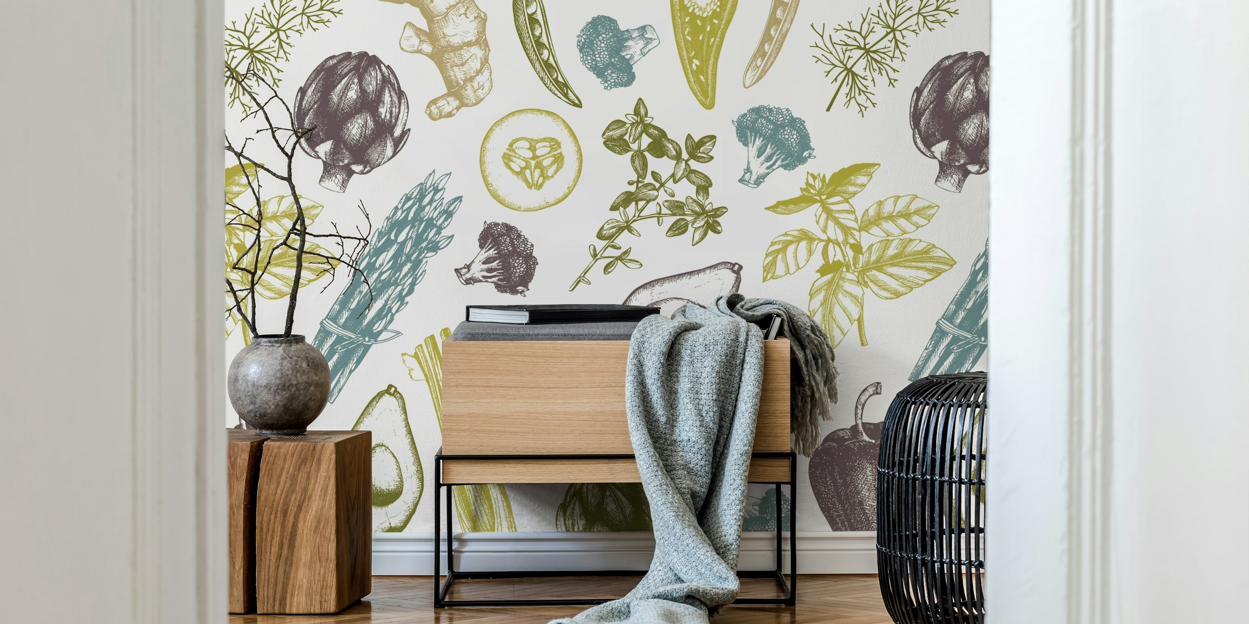 Colorful illustrated vegetables and herbs wallpaper design