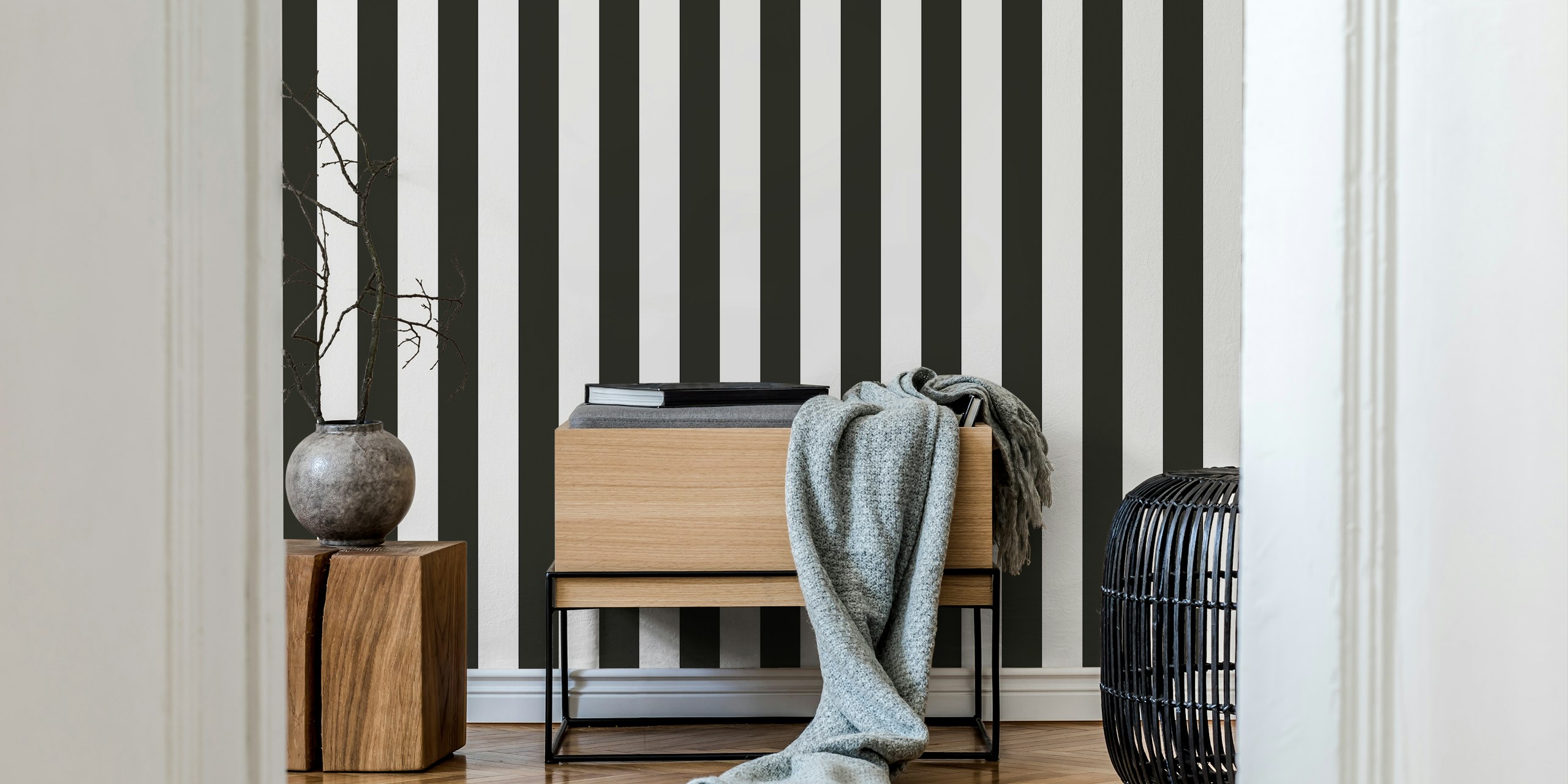 Wide black and white stripes wallpaper in nautical style