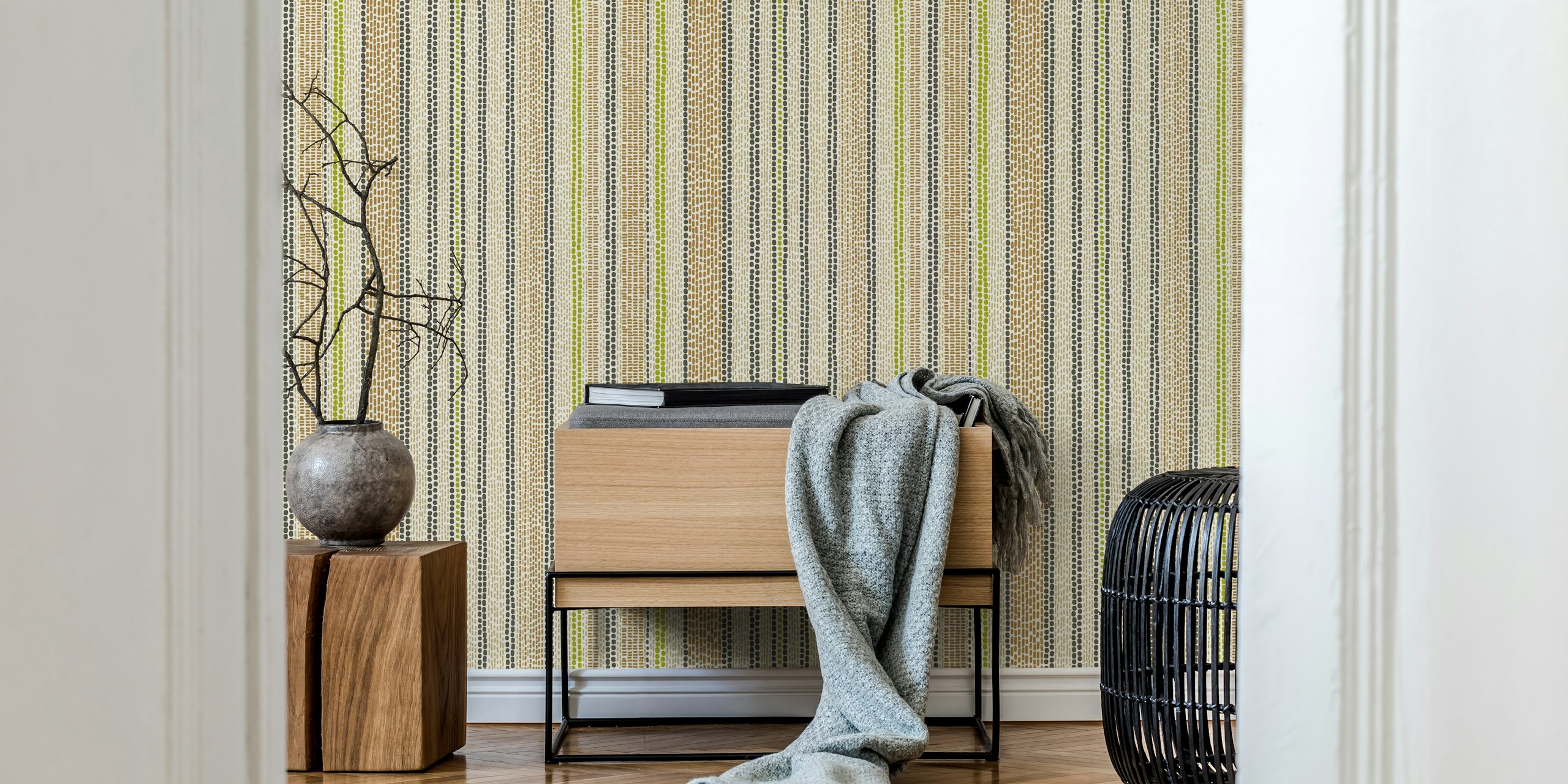 Handwoven striped pattern in khaki, green, and black colors wallpaper