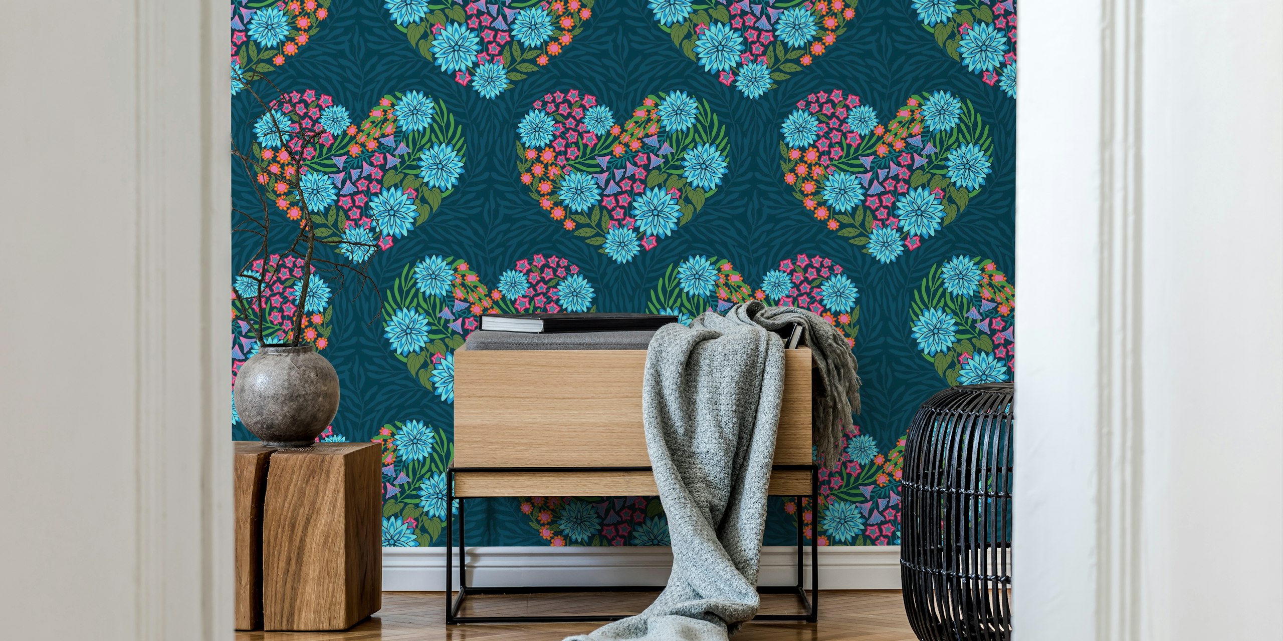 Flowered heart love floral pattern wallpaper