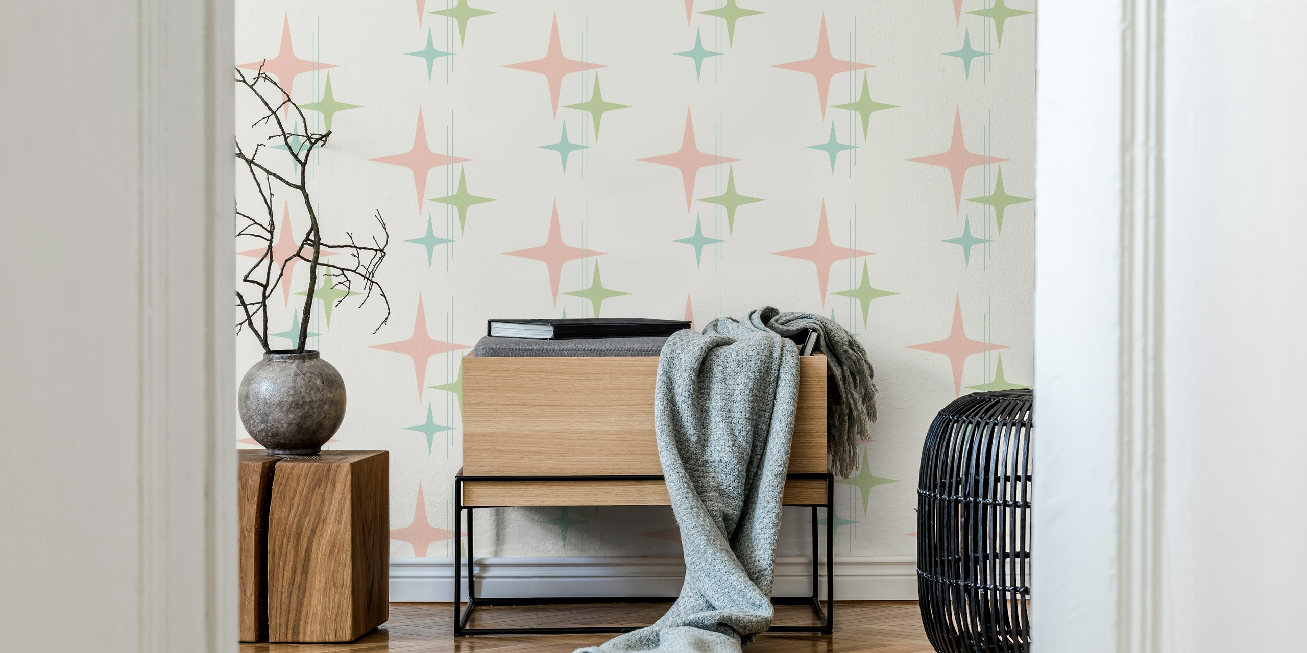 Mid Century Modern Atomic Stars wallpaper in a room
