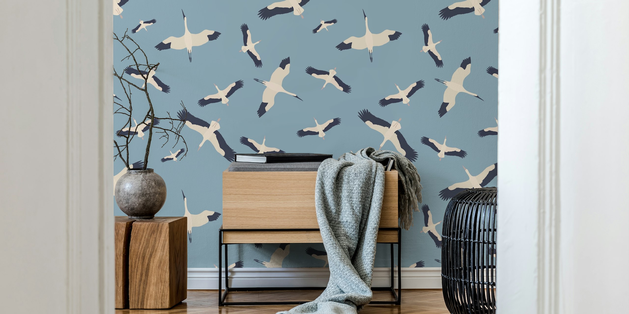 Cranes in flight with blue background wallpaper