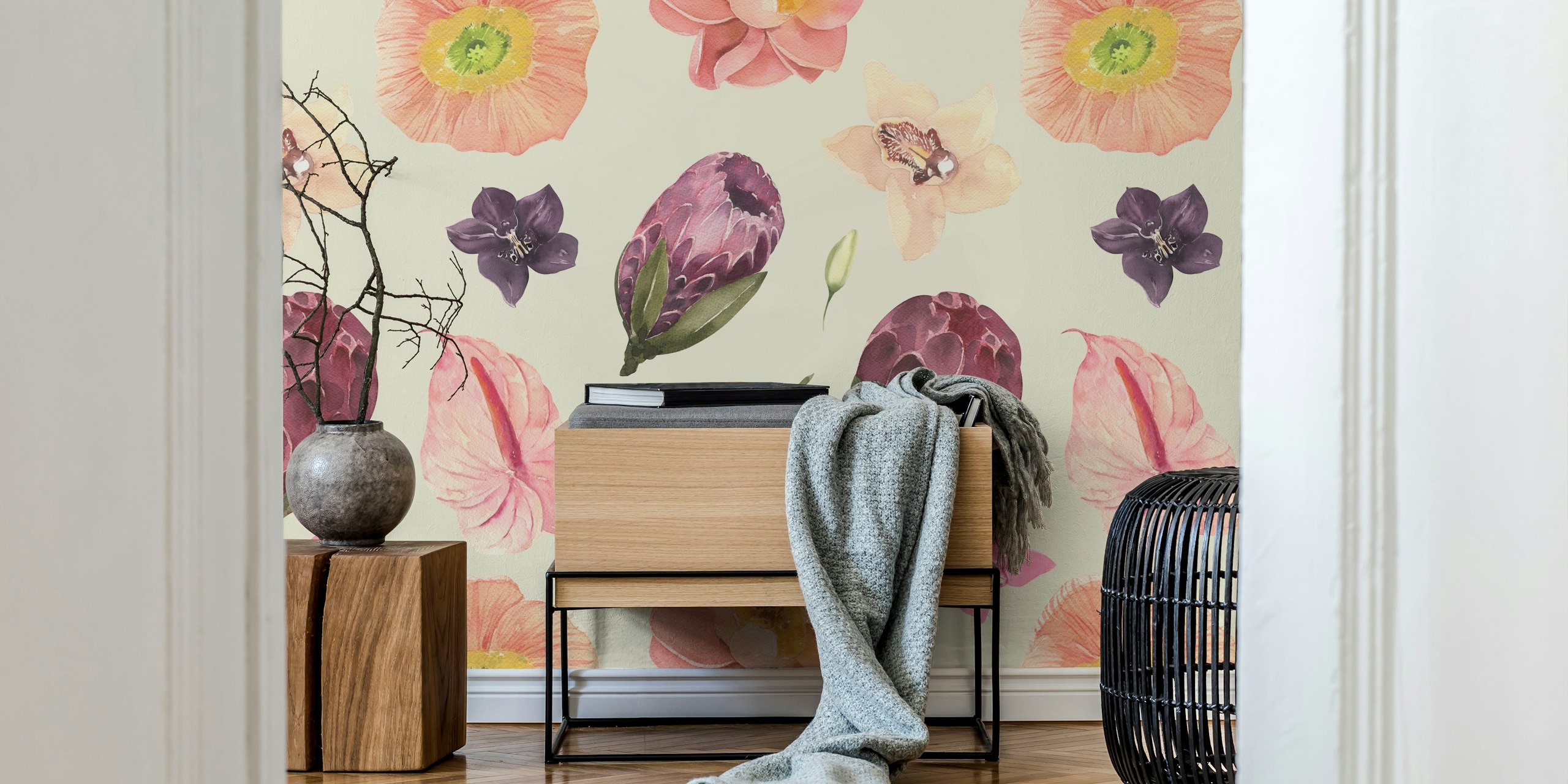 Tropical floral pattern with pastel colored flowers wallpaper