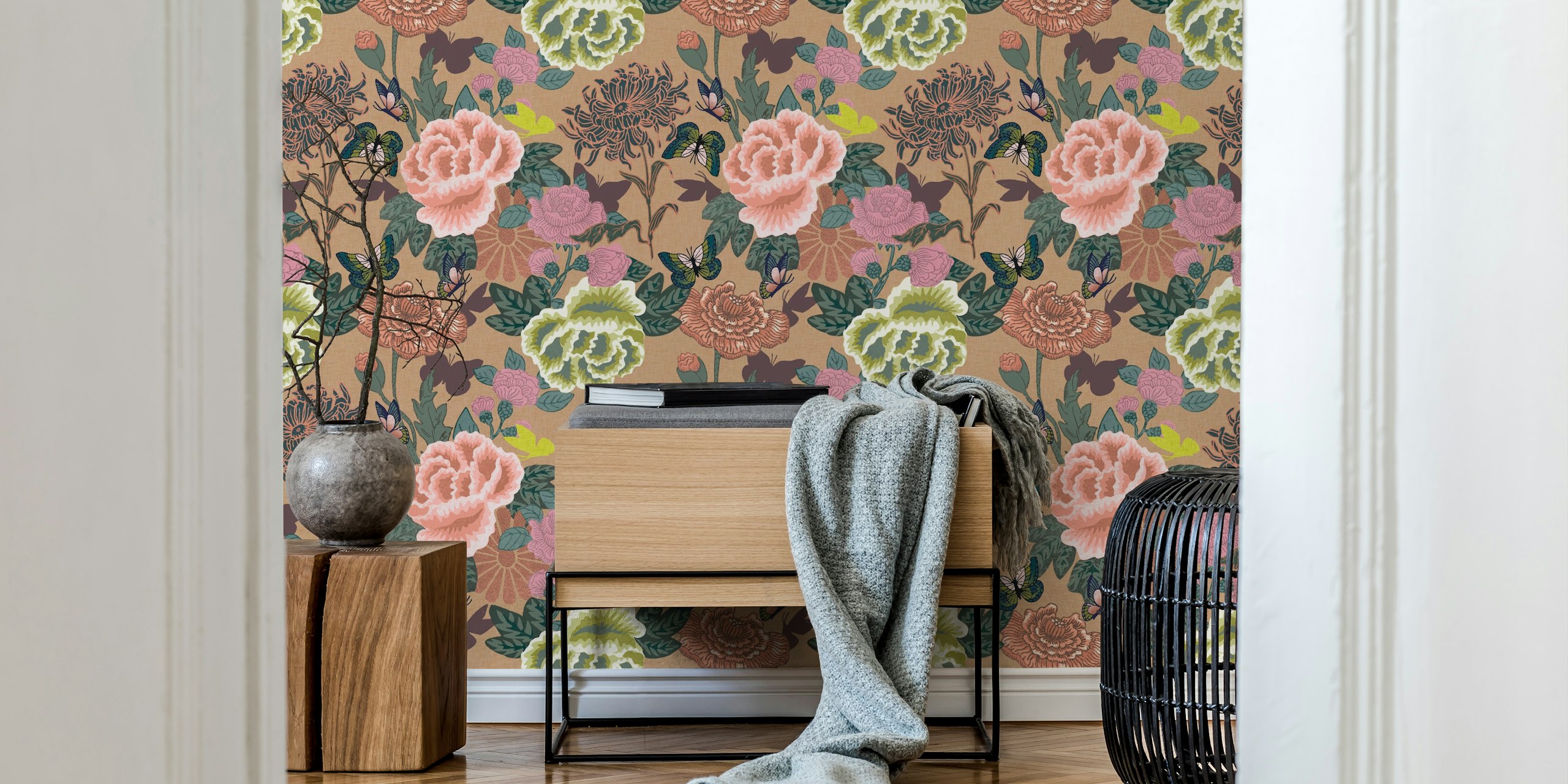 Vintage Blossoms and Butterflies wallpaper in a room