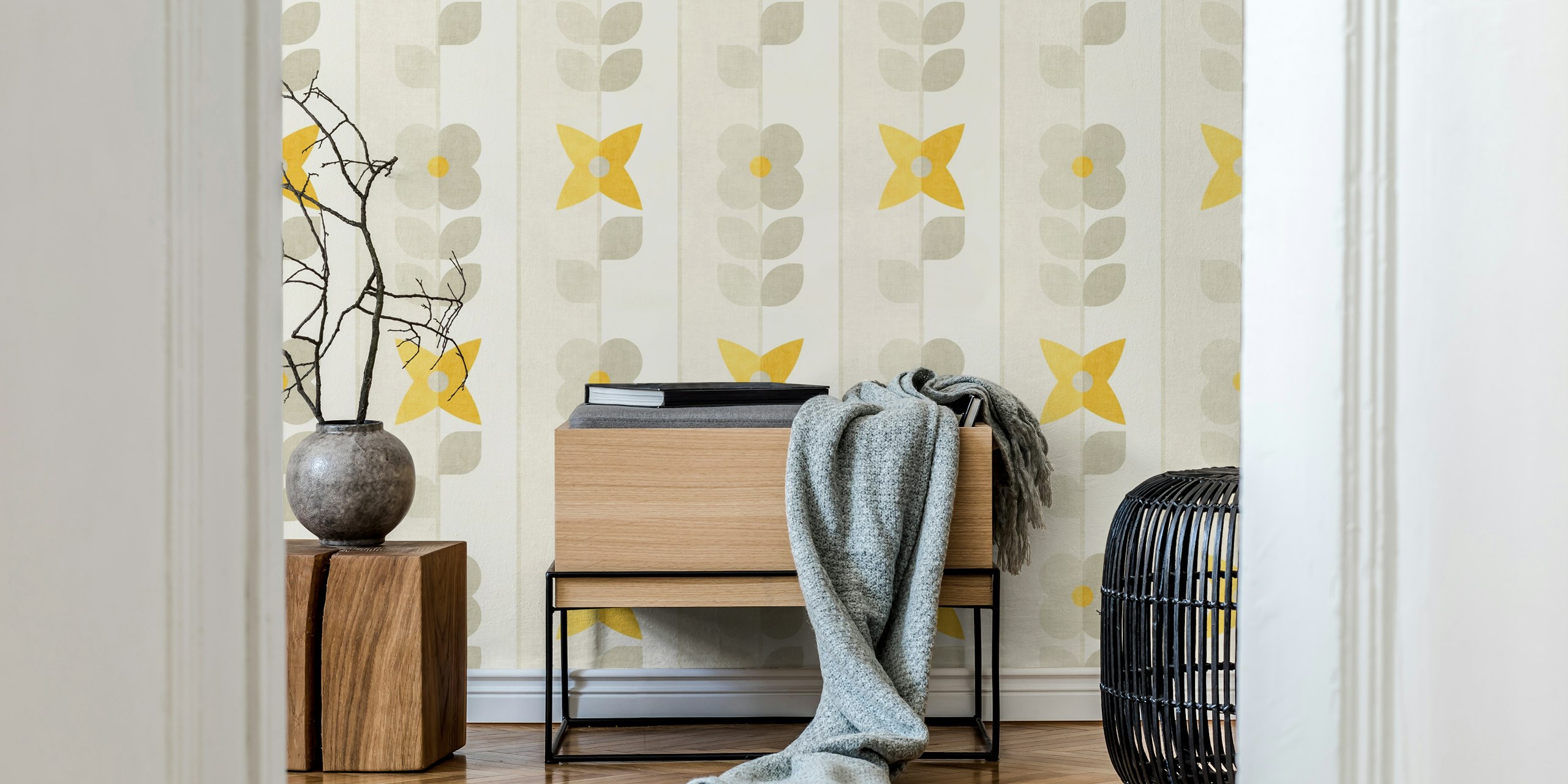 Mod Meadow on Pinstripes wallpaper in a room