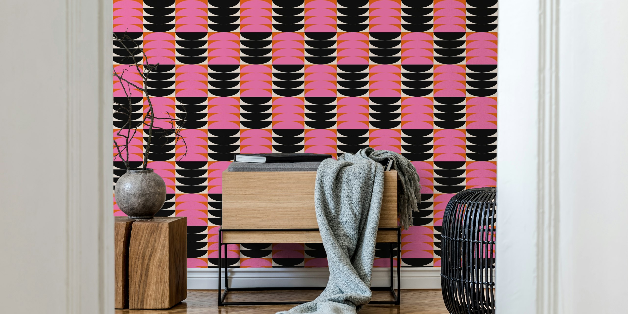 Pink and orange geometric patterns with black accents wallpaper