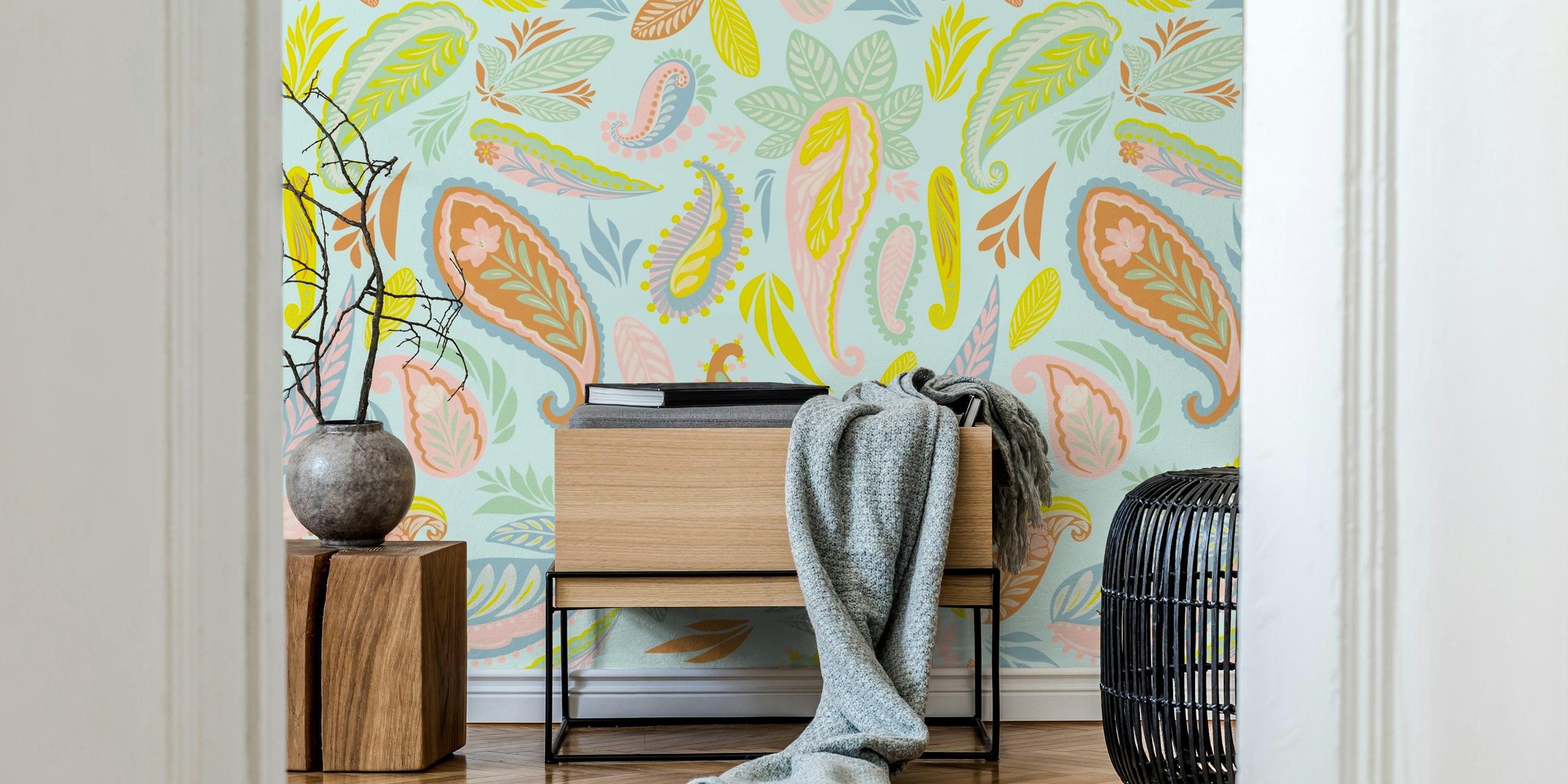 Colorful paisley pattern in pastel colors on a light blue background wallpaper