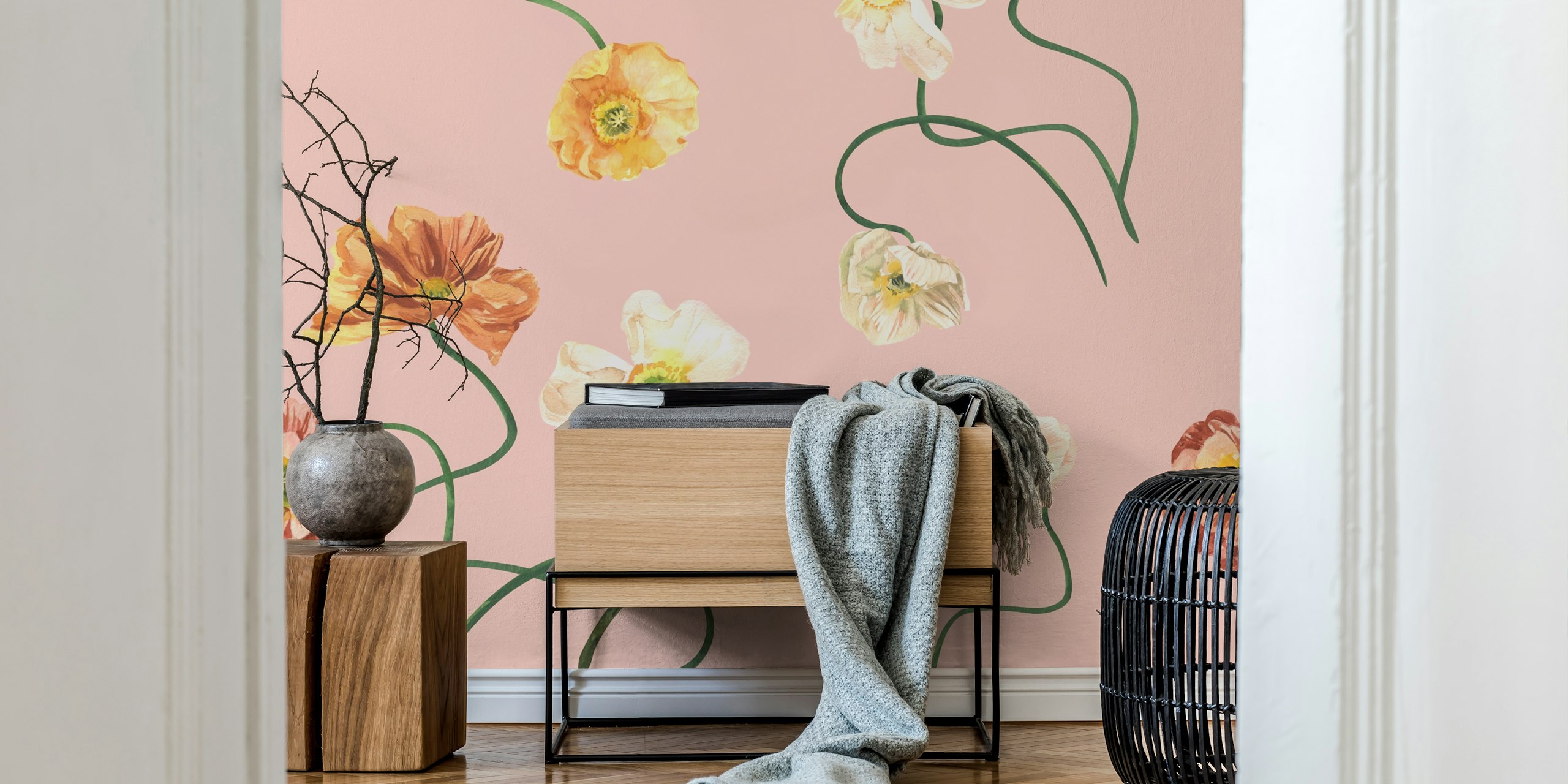 Romantic watercolor poppy pattern wallpaper