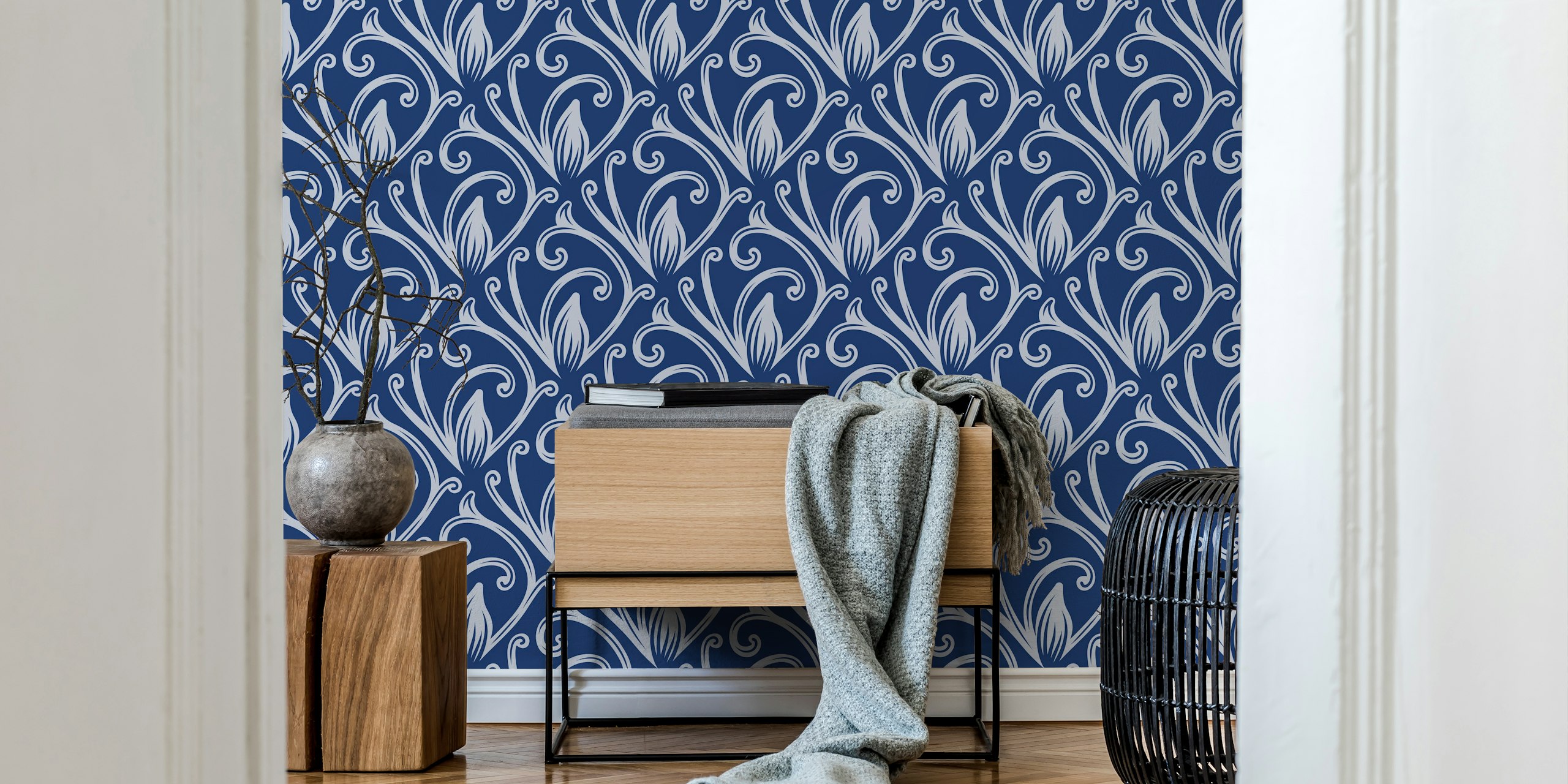 Navy background with white baroque floral acanthus design wallpaper