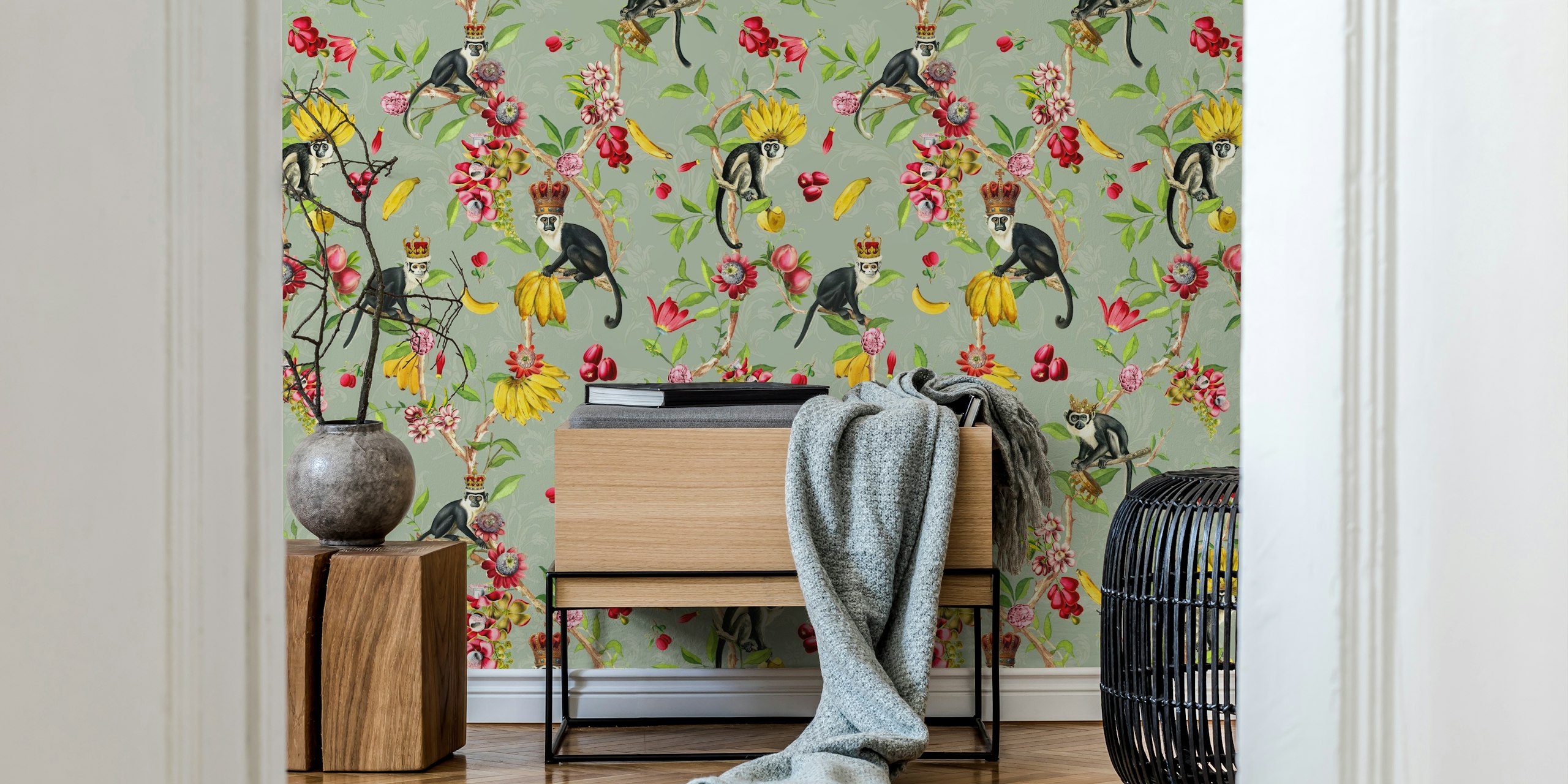 Vintage monkeys surrounded by tropical flowers and fruits wallpaper