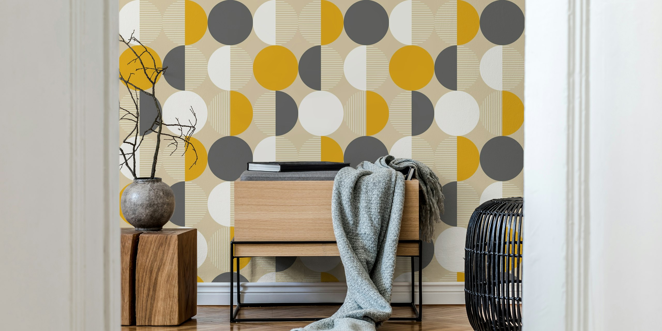Papel de parede Midcentury modern circles em um quarto