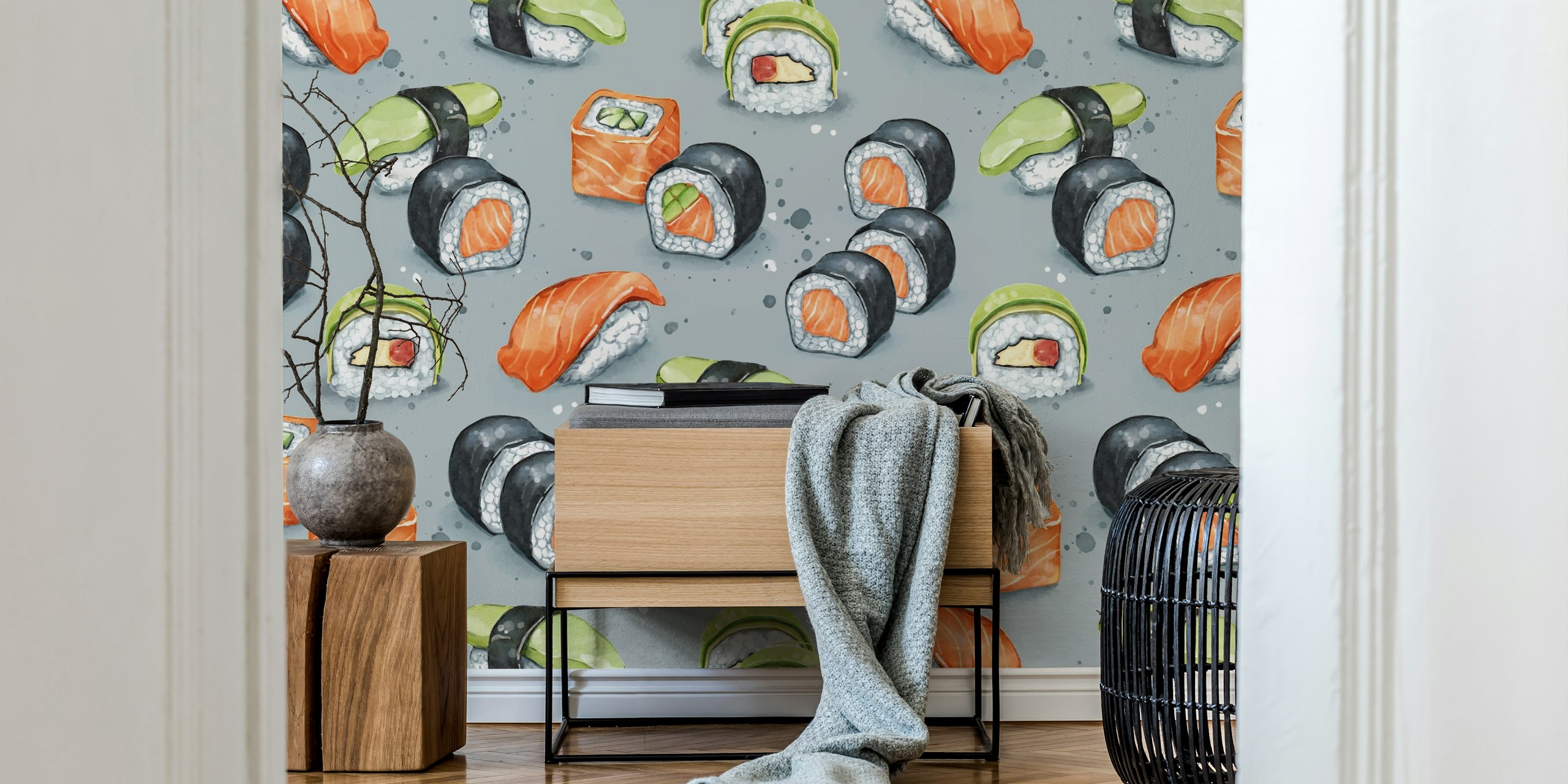 Sushi motifs on gray background wallpaper