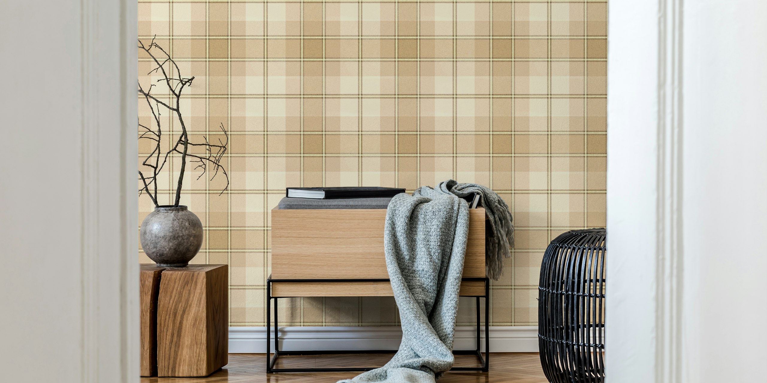 Neutrals Tartan behang weergegeven in een kamer