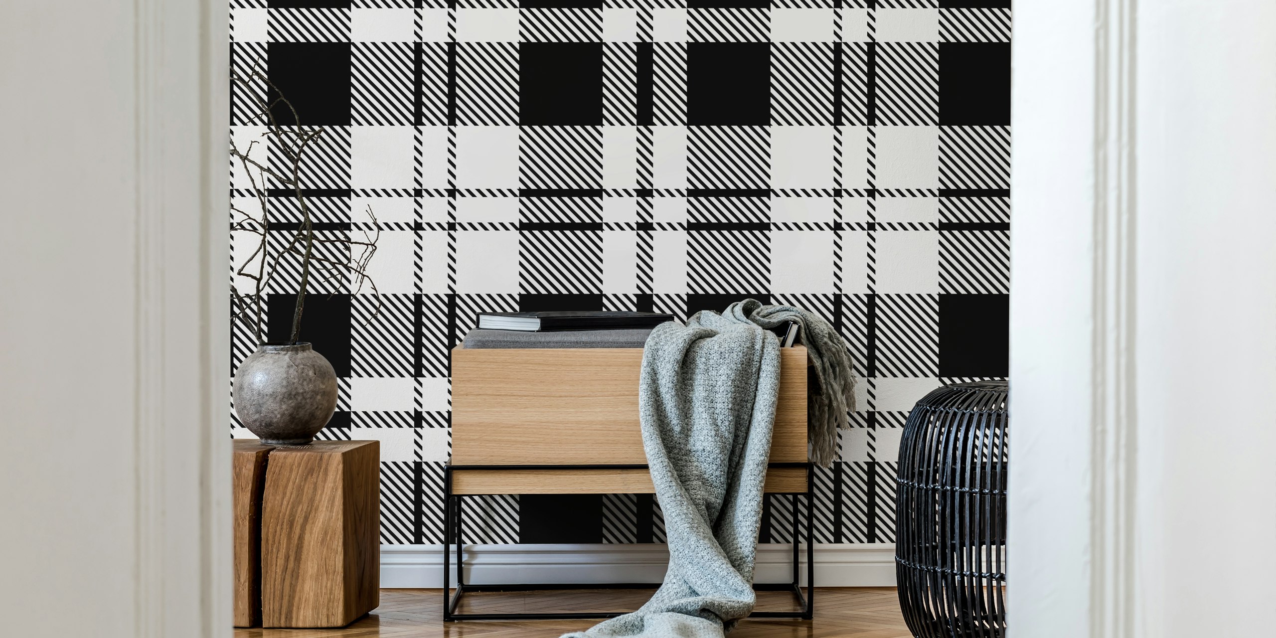 Design di carta da parati in tartan Eskine bianco e nero