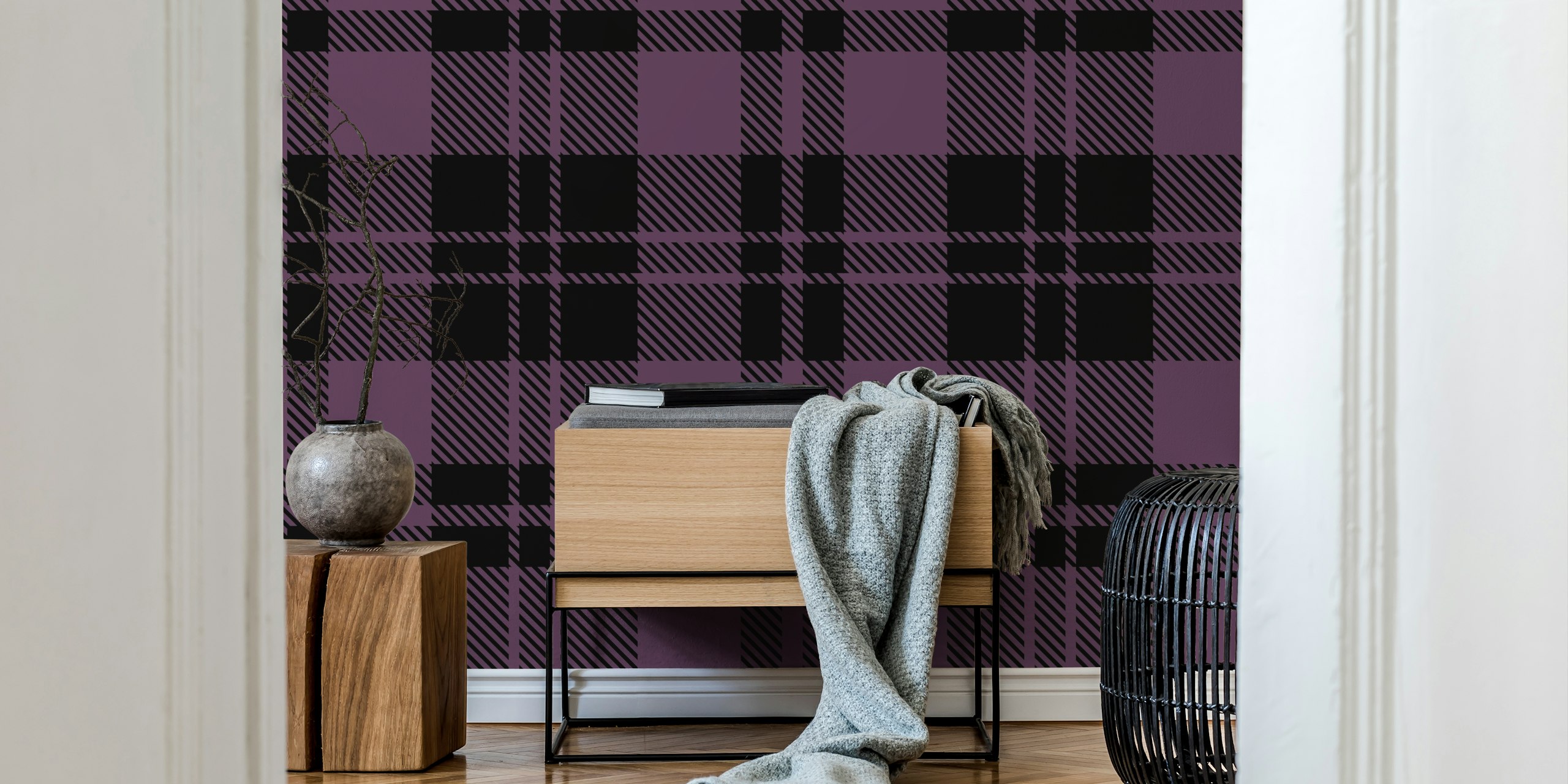 Plum Eskine Tartan wallpaper in a room