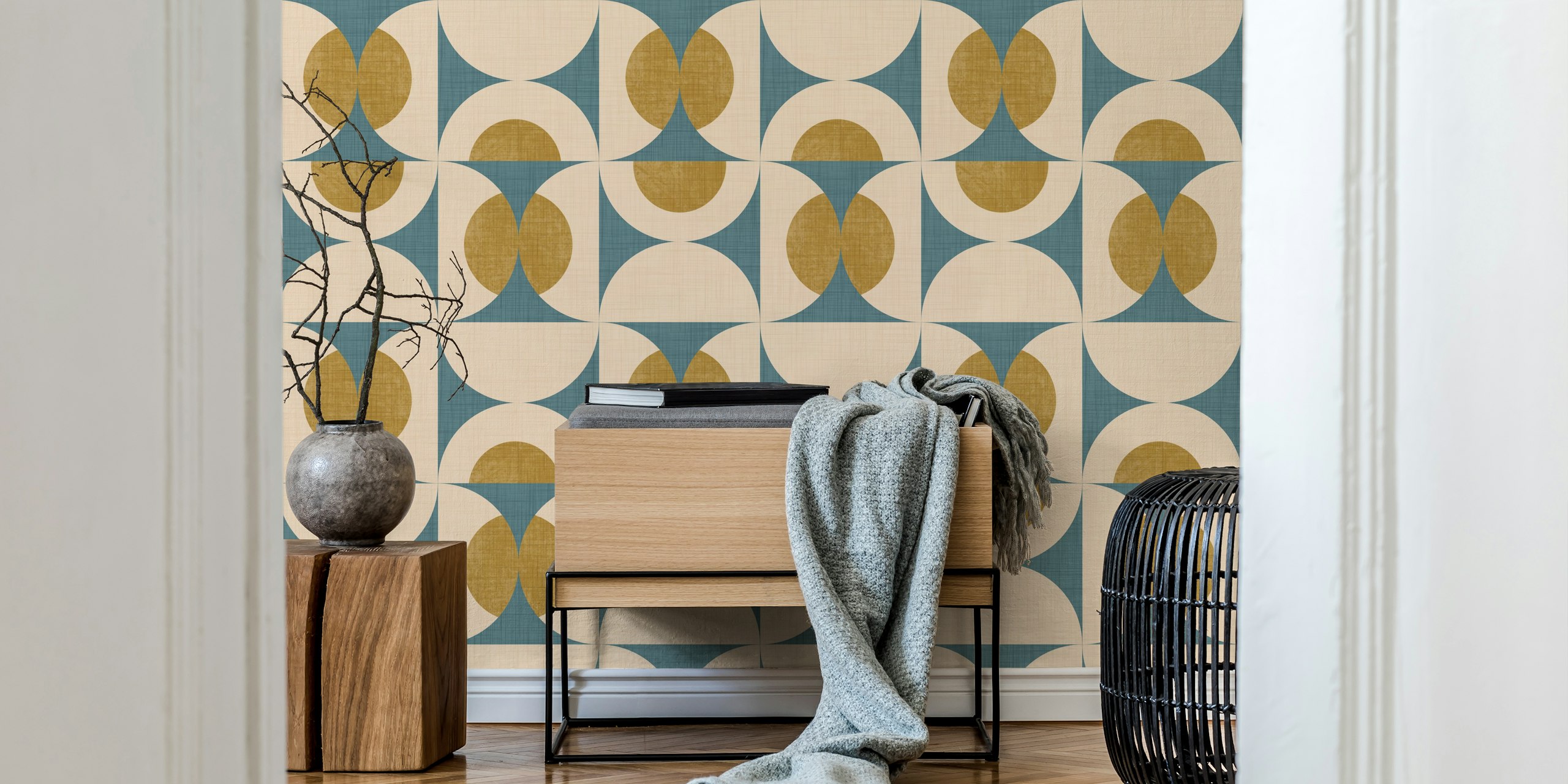 Geometric shapes in teal and gold wallpaper, mid-century retro design.