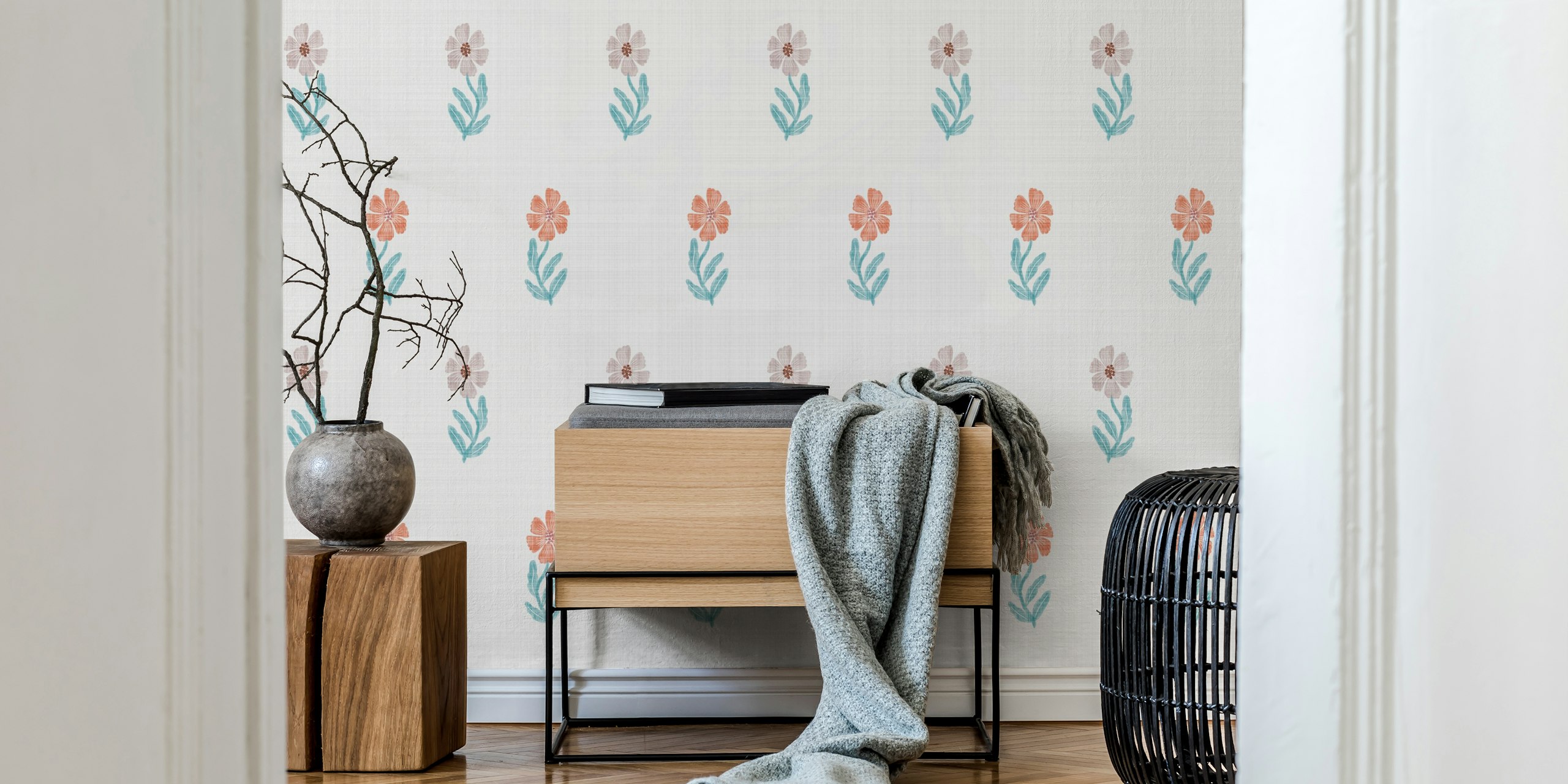 Diseño de papel pintado floral en una habitación