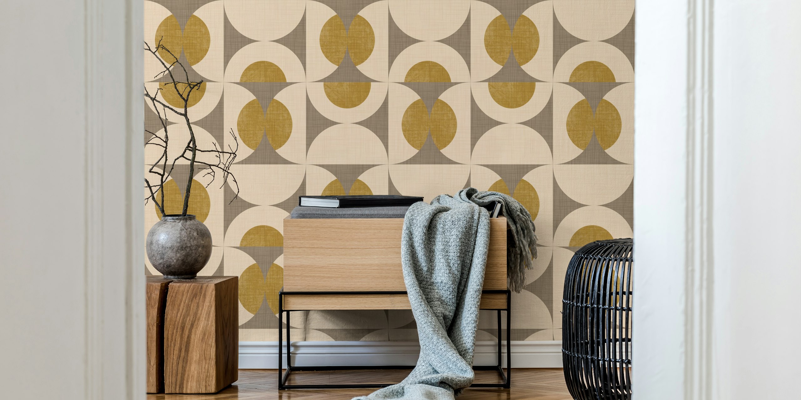 Geometric taupe and gold circle pattern wallpaper