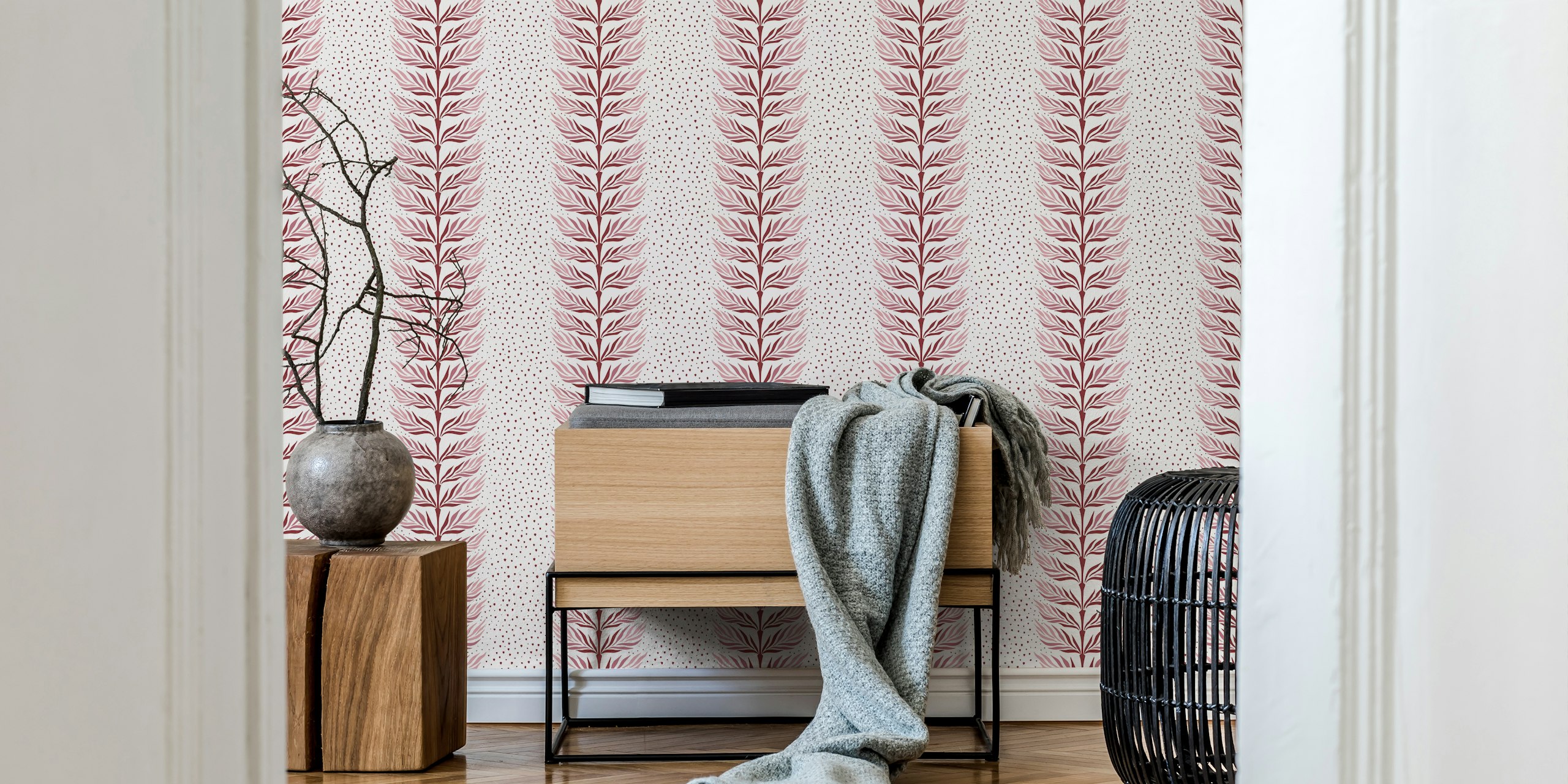 Burgundy palm leaf stripe wallpaper in a room