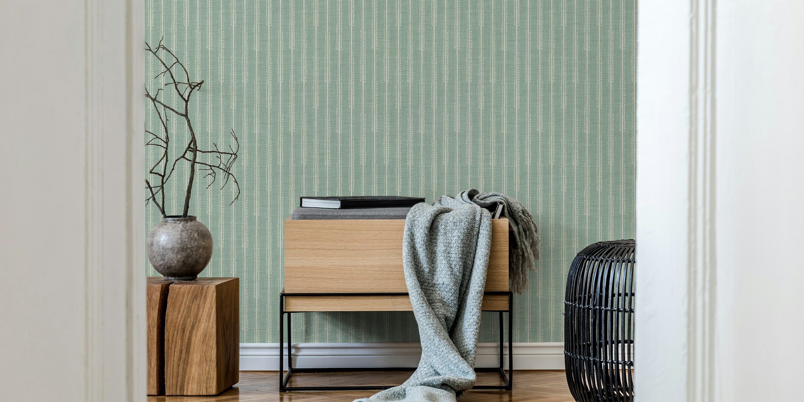 Sage green striped wallpaper with botanical motifs in white, modern design wallpaper