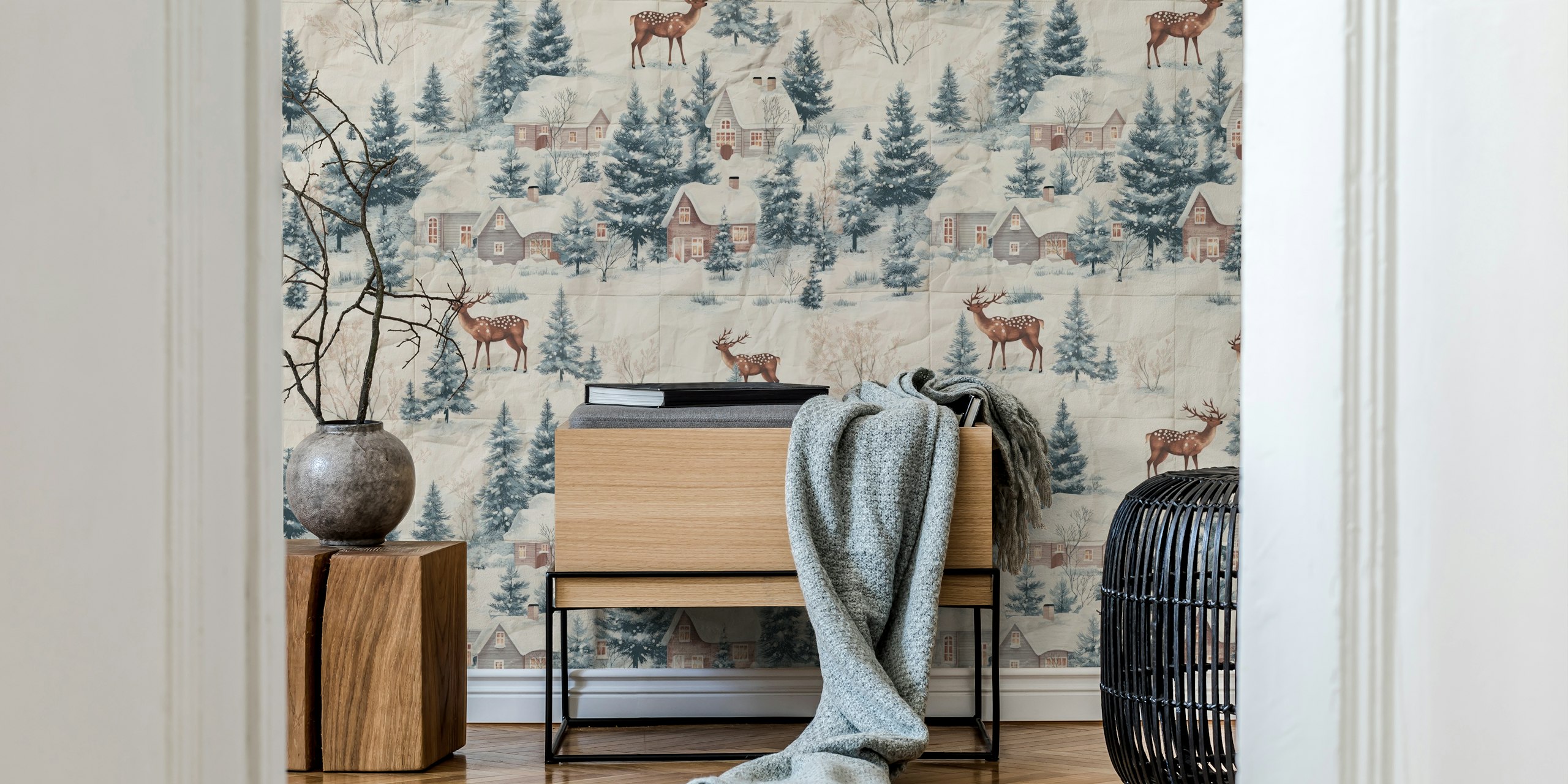 Winterland scene with cabins and deer in blue hues wallpaper