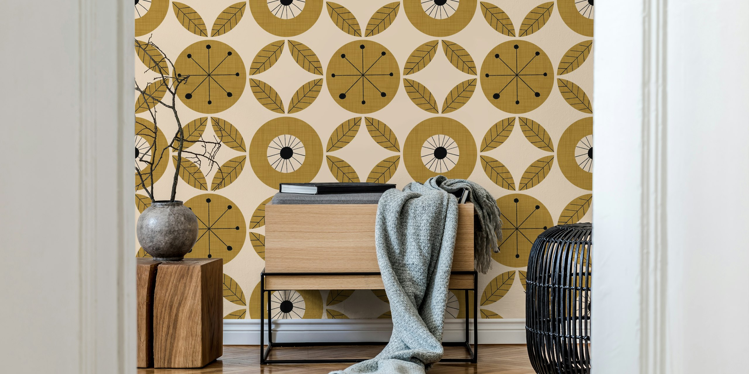 Mustard floral pattern with leaves and circles wallpaper