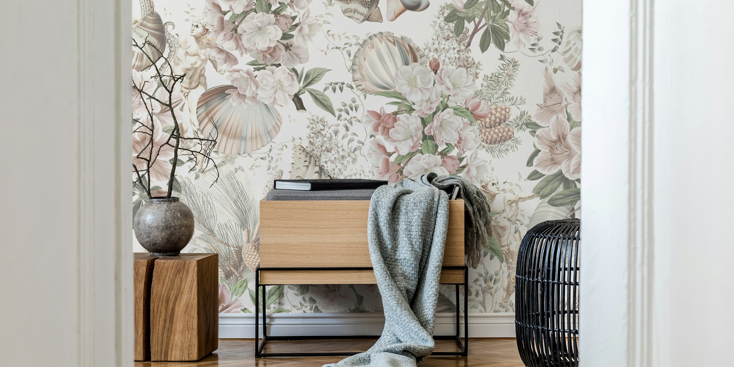 Aquamarine floral wallpaper in a room