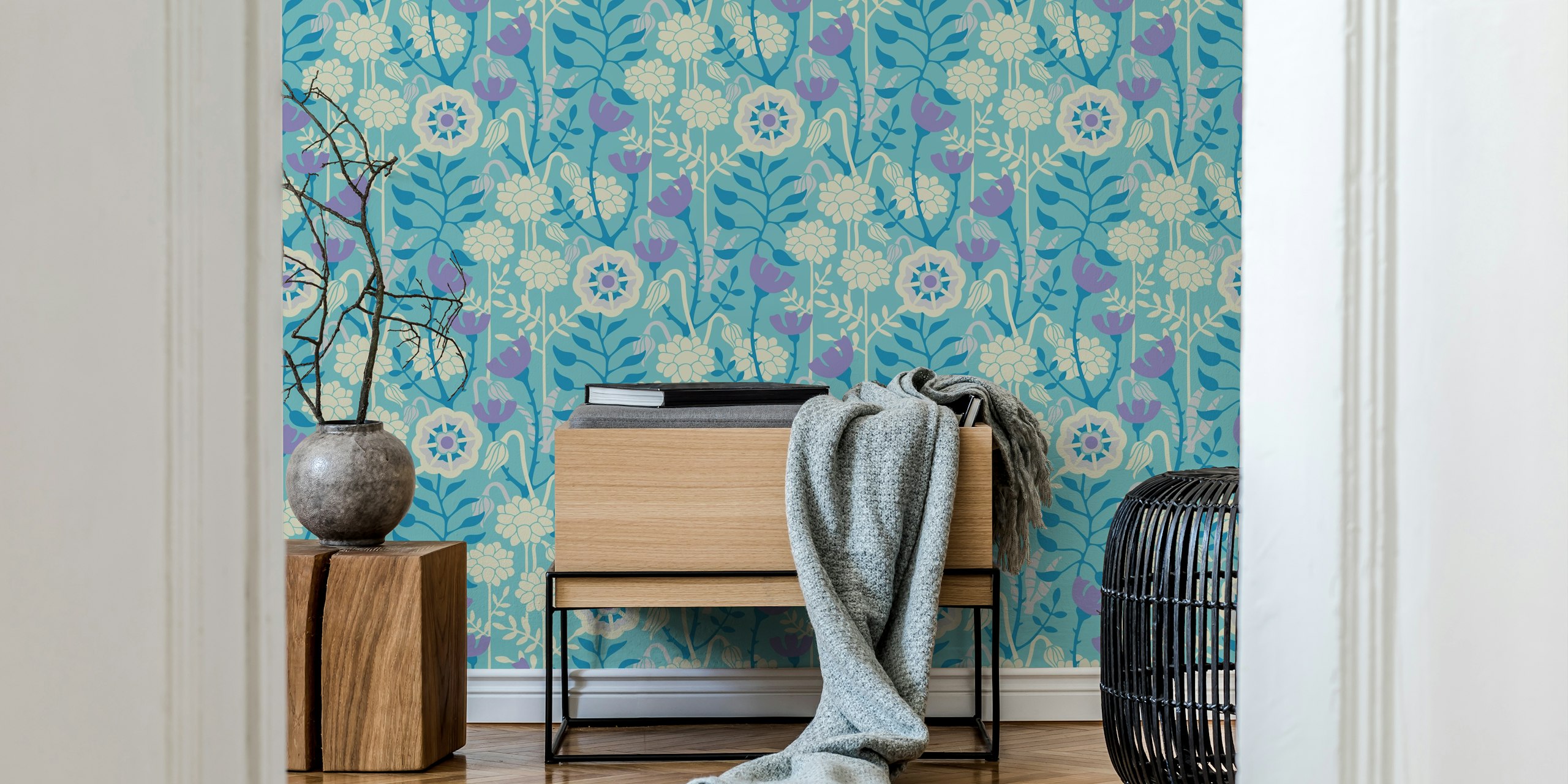 Design de papel de parede botânico floral retrô em um quarto