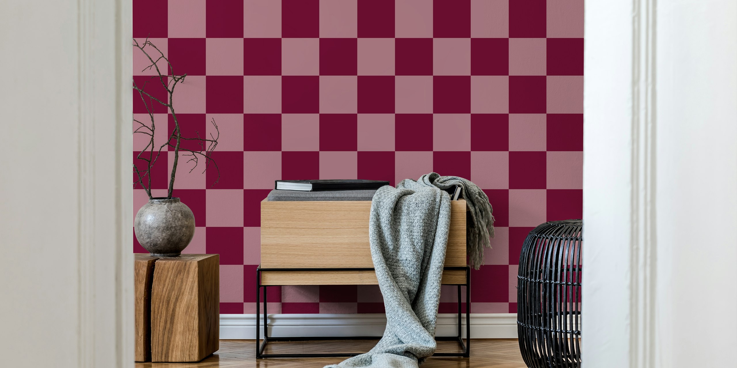 Elegant burgundy blocks wallpaper in a room