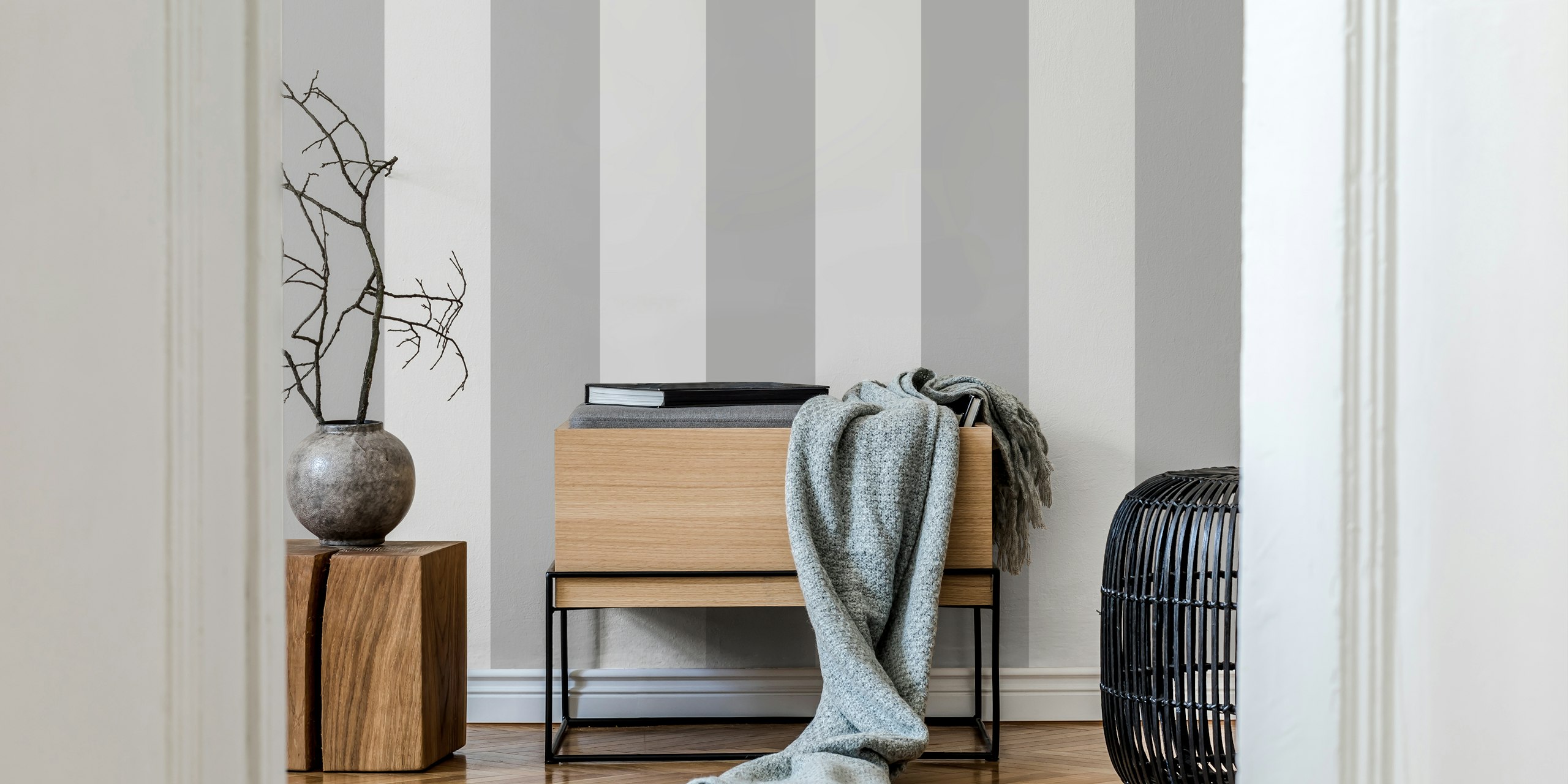 Gray stripe wallpaper in a stylish room