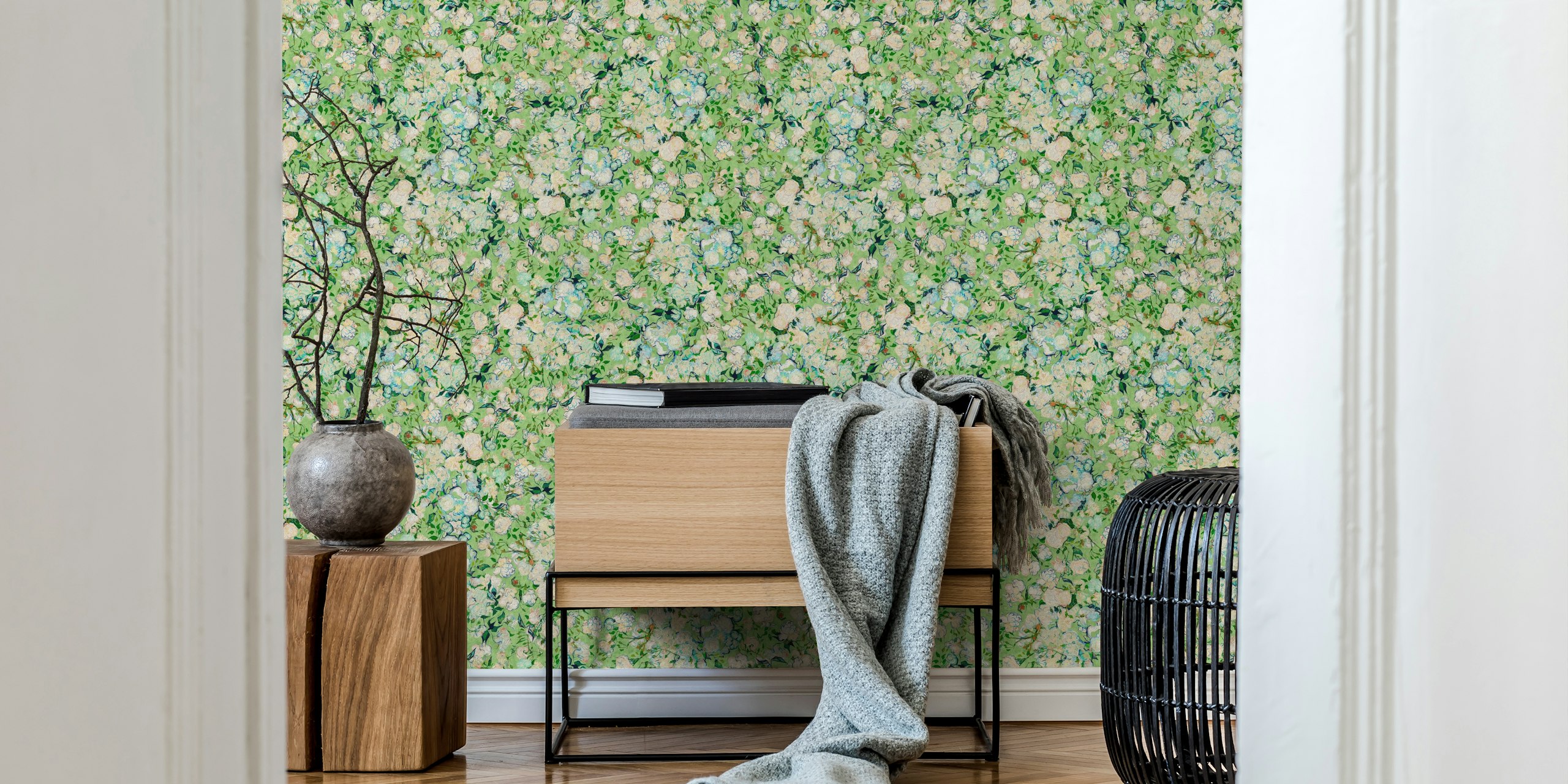 Floral pattern with green and cream roses wallpaper