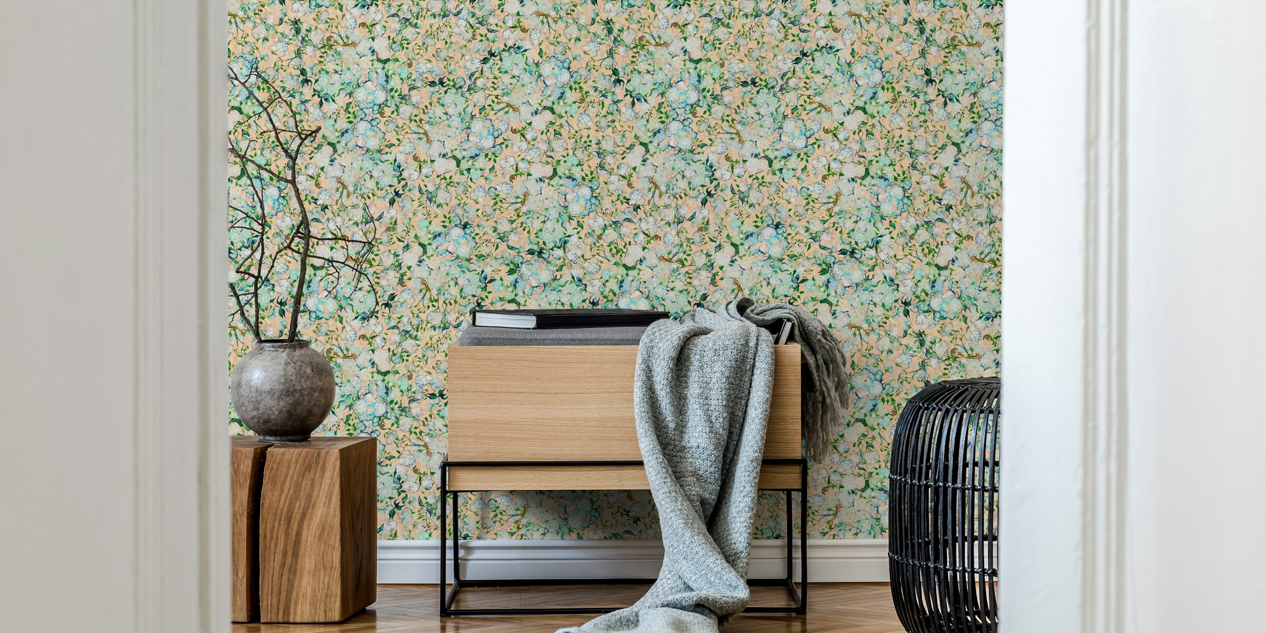 Floral peach and blue design wallpaper in a vintage style