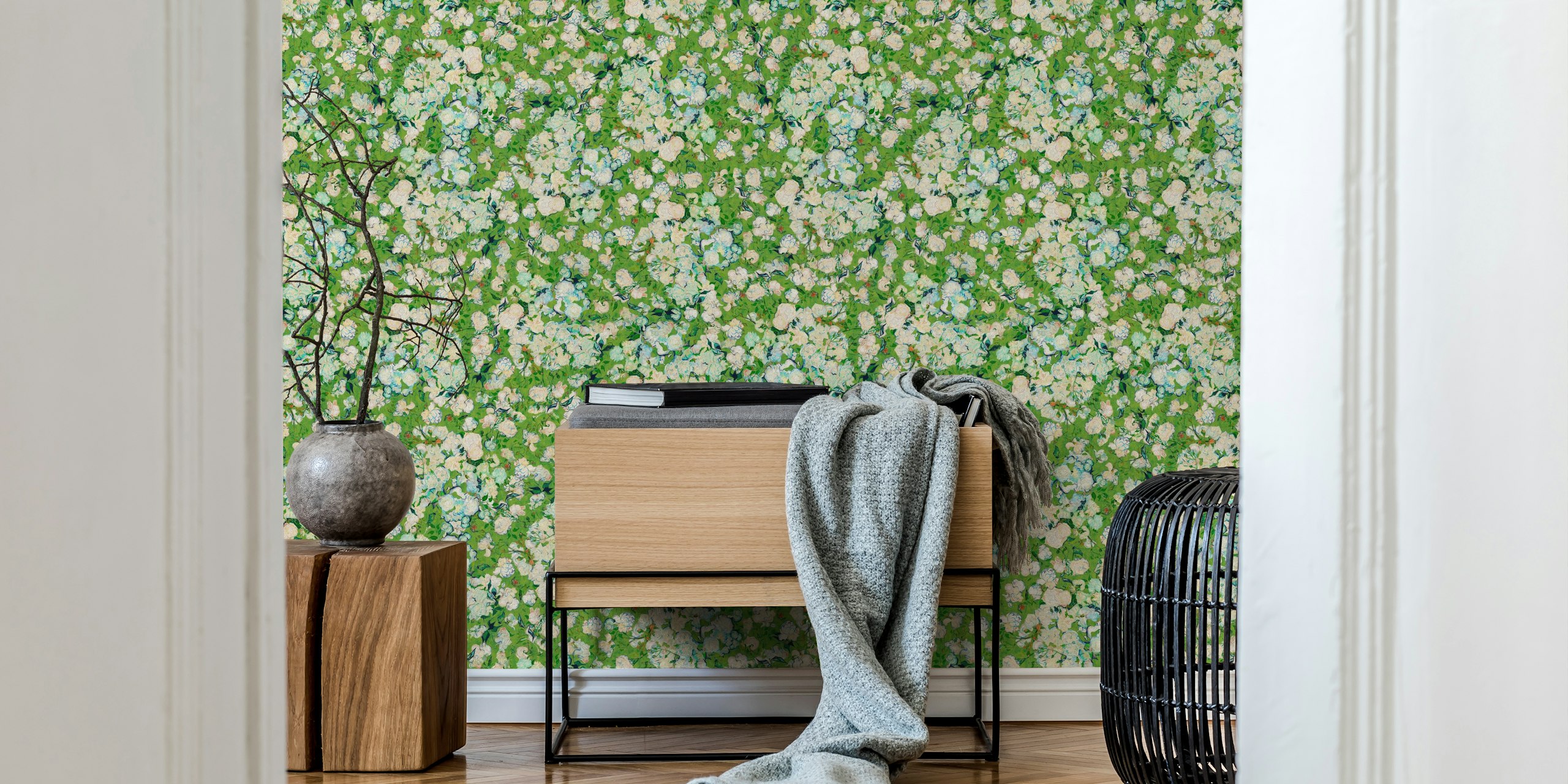Roses in apple green wallpaper in a room