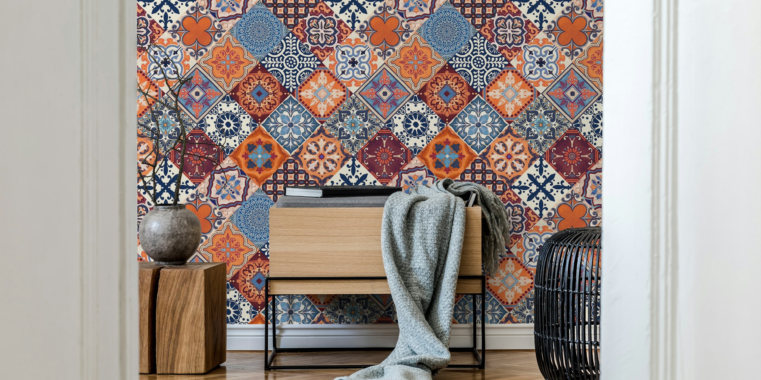 Carta da parati Talavera Tiles in blu e arancione
