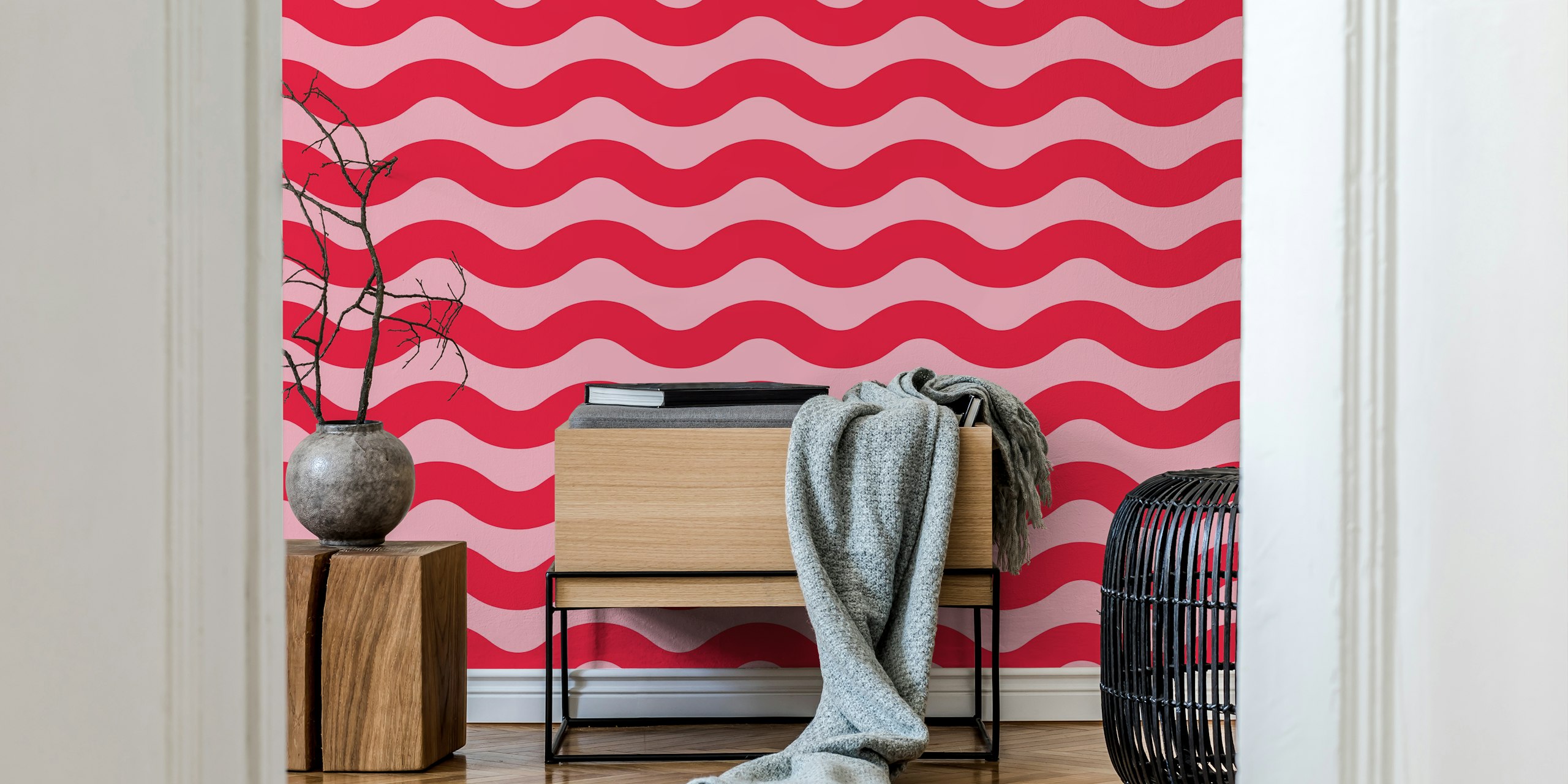 Papel tapiz Pink and Crimson Red Modern Waves 1 en una habitación