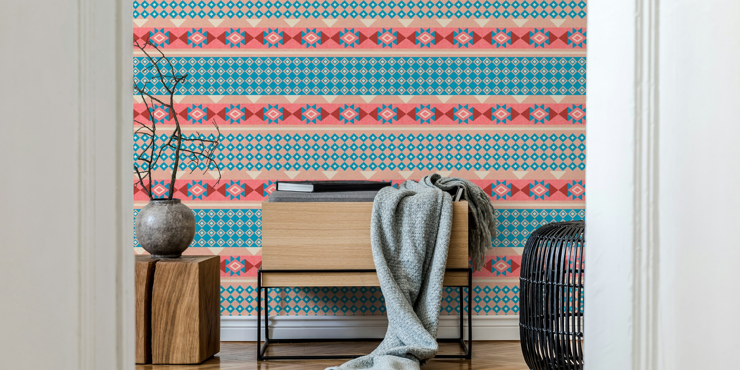 Geometric patterns in pink and blue colors, boho style wallpaper
