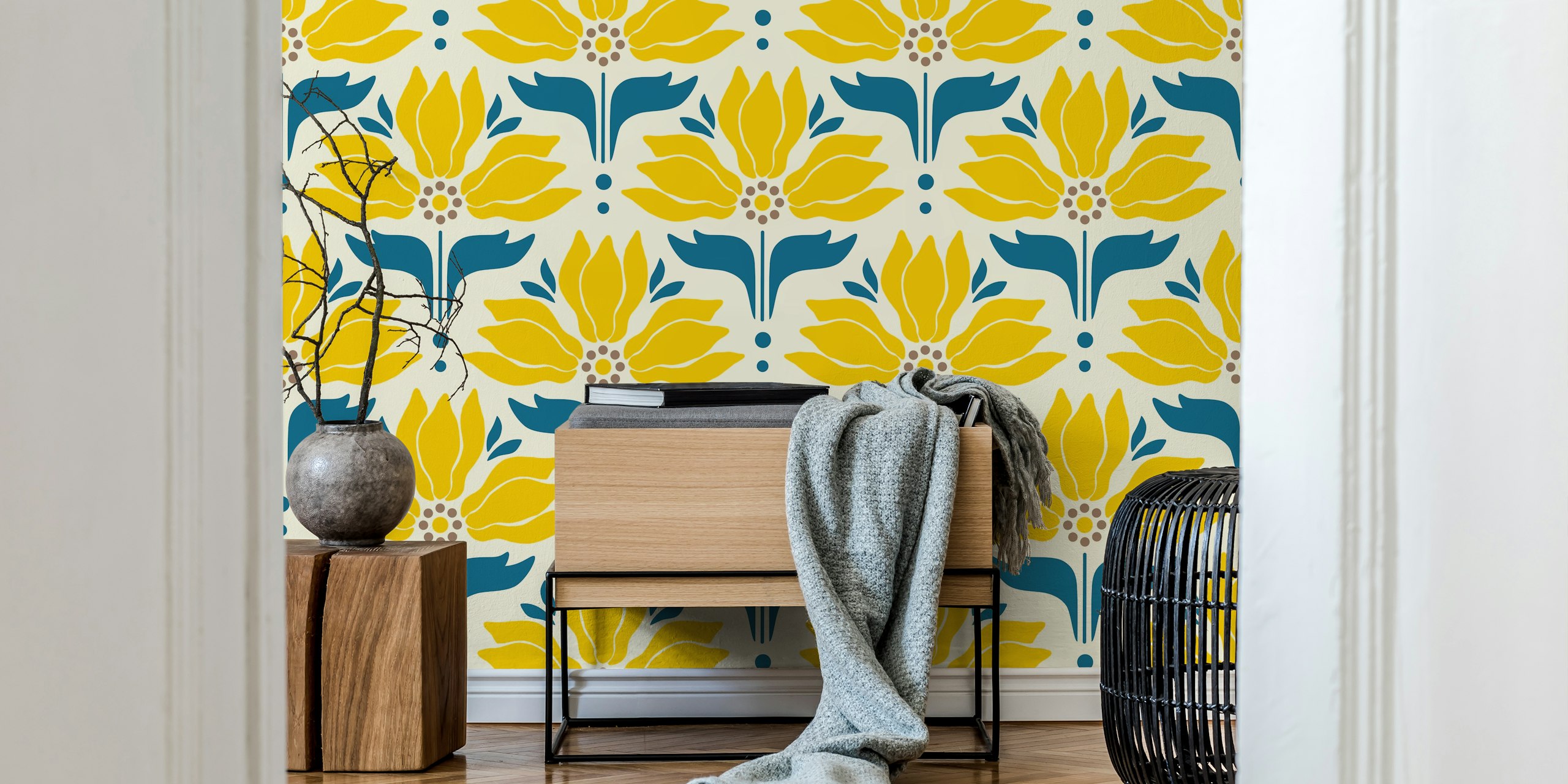 Bright yellow retro floral pattern wallpaper with sunflowers